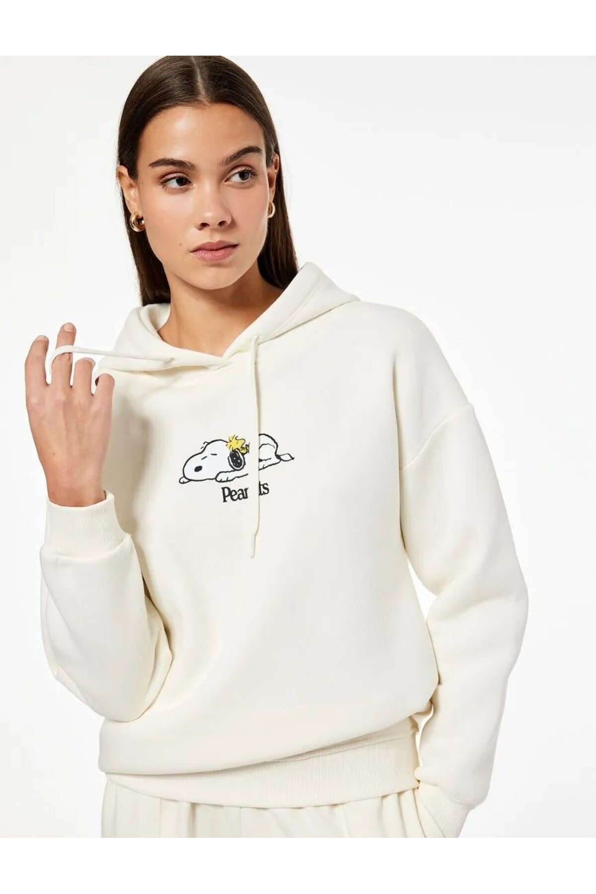 Şardonlu Snoopy Lisanslı Kapüşonlu Uzun Kollu Arkası Baskılı Oversize Sweatshirt