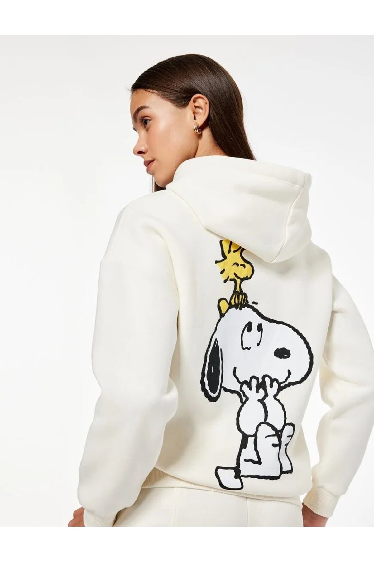 Şardonlu Snoopy Lisanslı Kapüşonlu Uzun Kollu Arkası Baskılı Oversize Sweatshirt