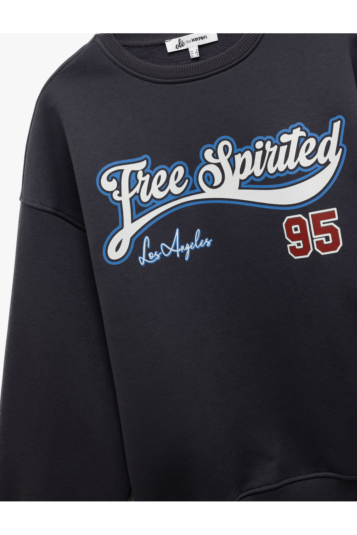 Şardonlu Uzun Kollu Bisiklet Yaka Baskılı Oversize Sweatshirt
