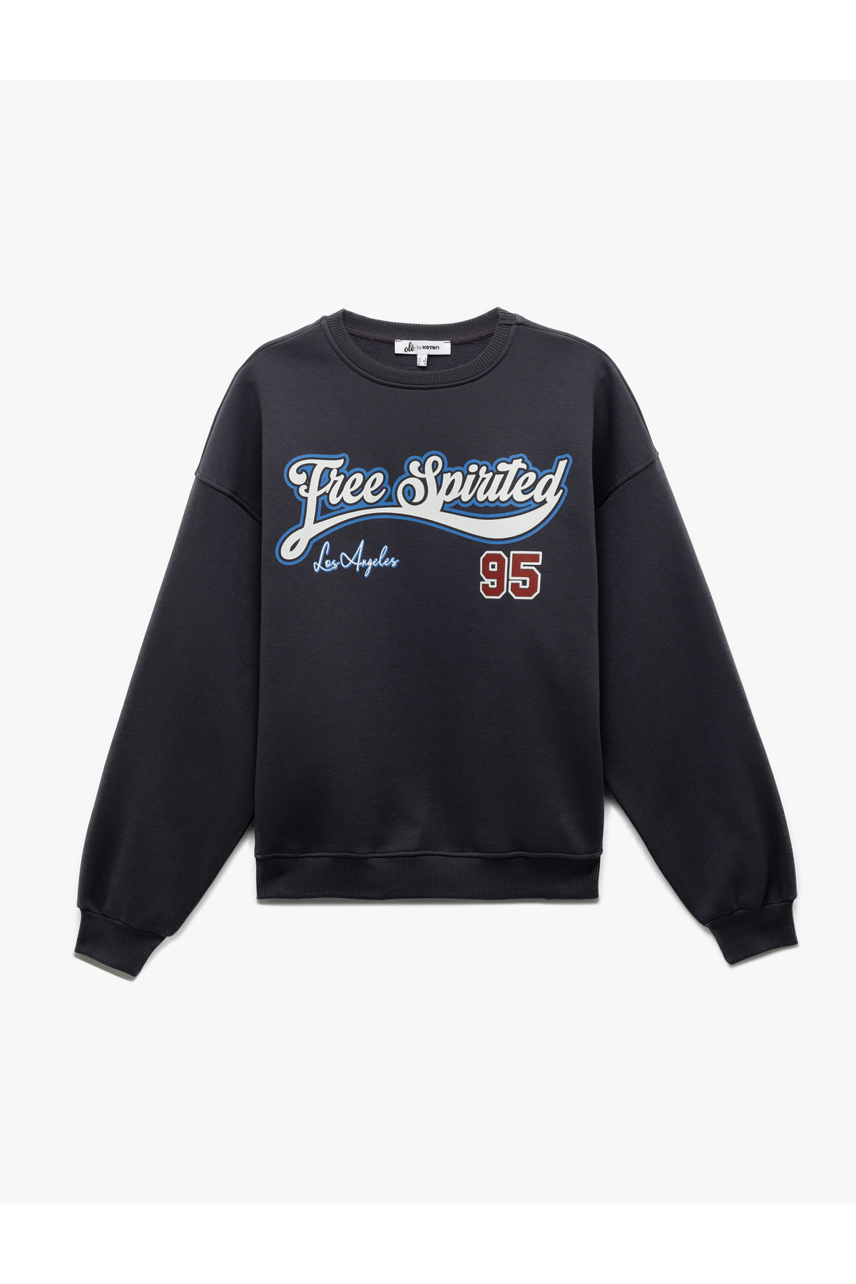 Şardonlu Uzun Kollu Bisiklet Yaka Baskılı Oversize Sweatshirt
