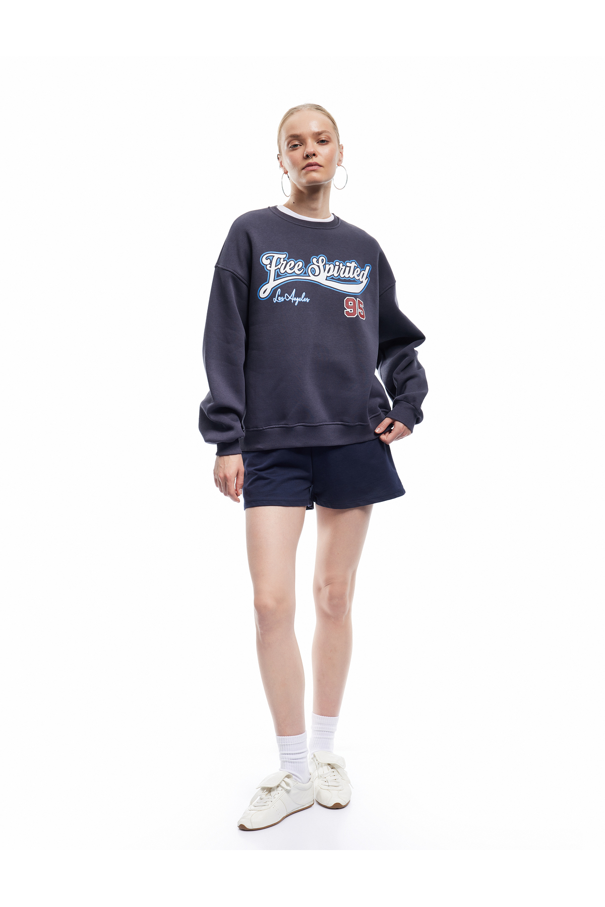 Şardonlu Uzun Kollu Bisiklet Yaka Baskılı Oversize Sweatshirt