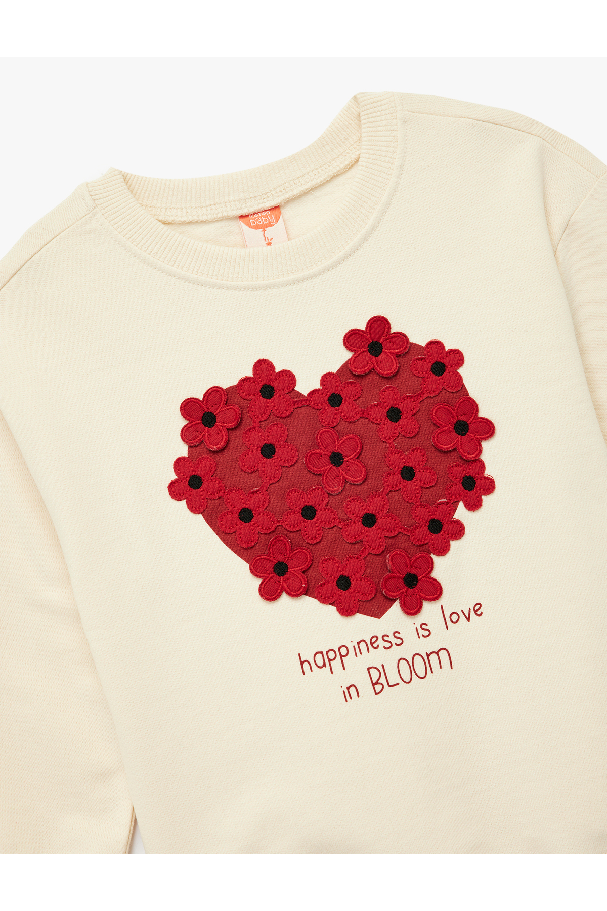Şardonlu Uzun Kollu Bisiklet Yaka Kalp Baskılı Çiçek Aplikeli Pamuklu Sweatshirt