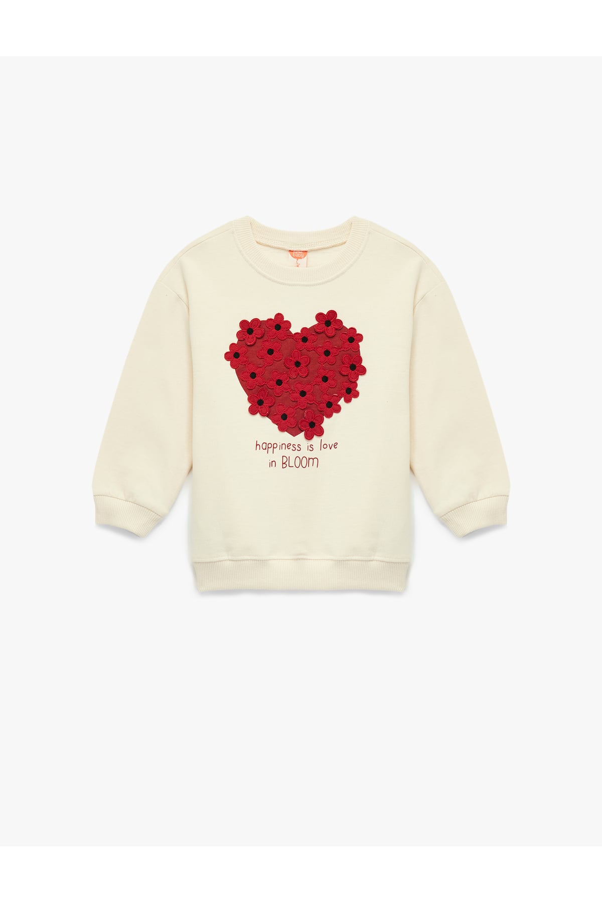 Şardonlu Uzun Kollu Bisiklet Yaka Kalp Baskılı Çiçek Aplikeli Pamuklu Sweatshirt