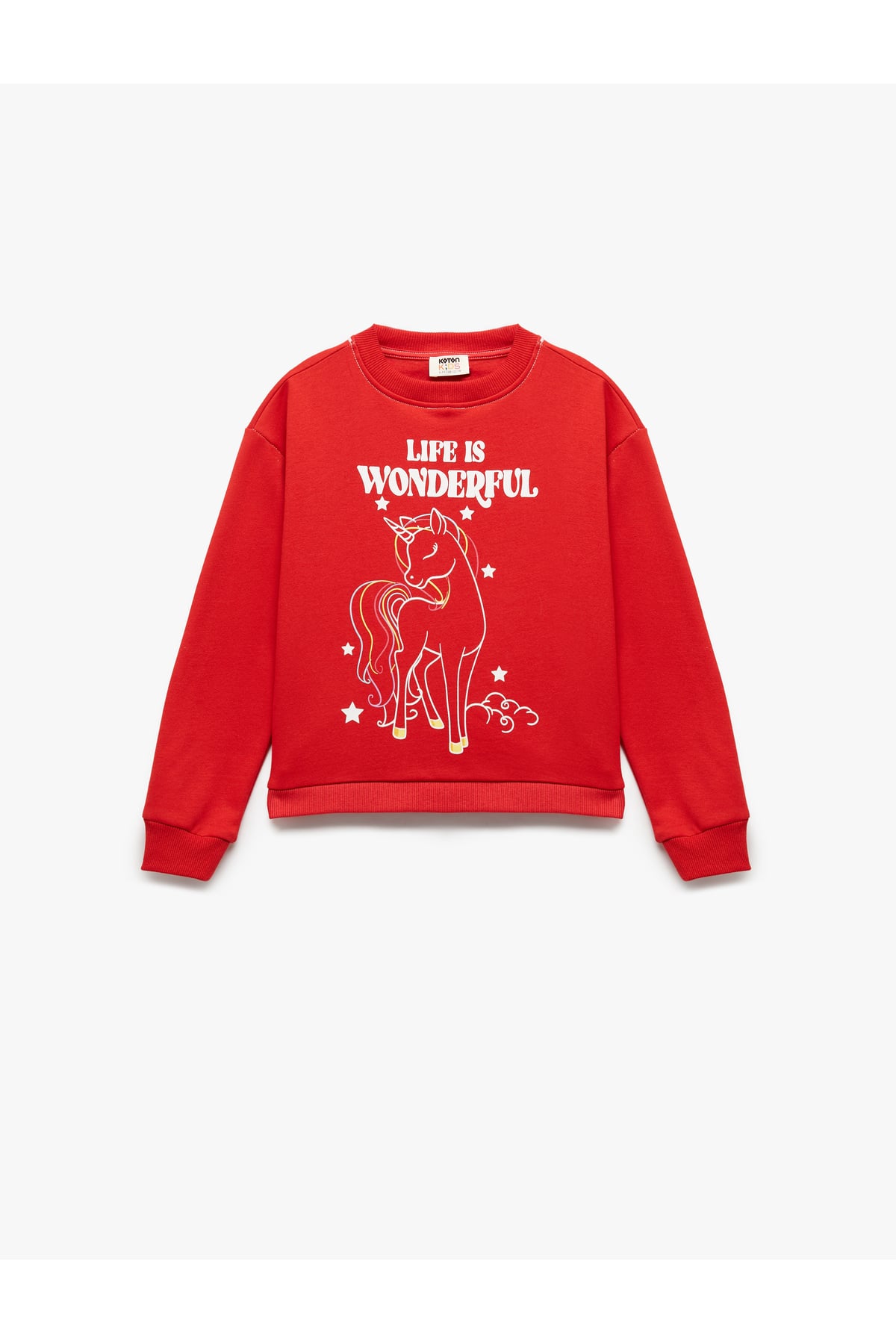 Şardonlu Uzun Kollu Bisiklet Yaka Pamuklu Unicorn Baskılı Sweatshirt