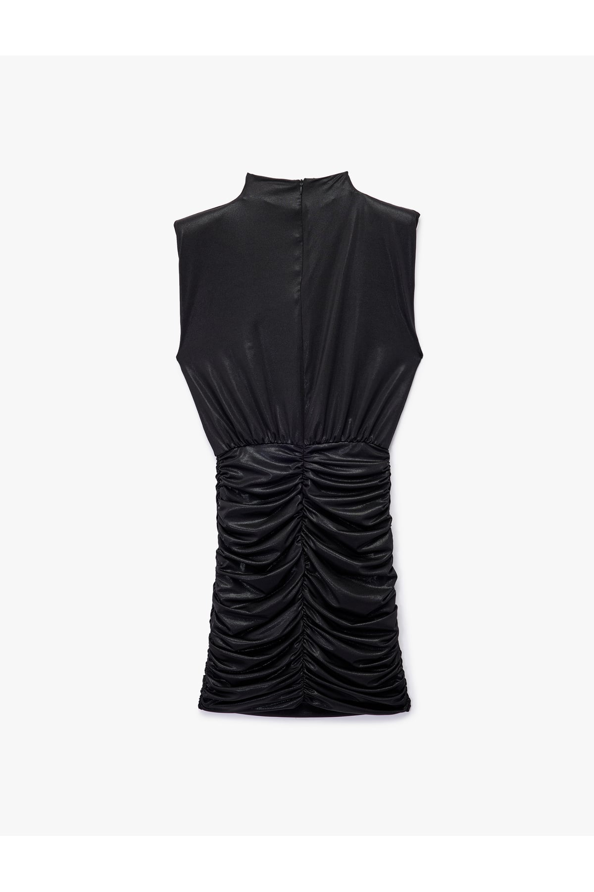 Simli Dik Yaka Kolsuz Drape Detaylı Bodycon Mini Abiye Elbise