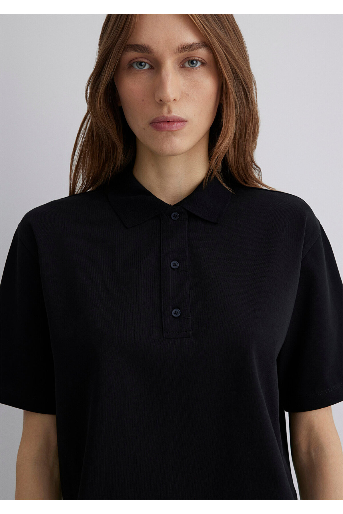 Siyah Polo Tişört Loose Fit / Bol Rahat Kesim 1613111-900
