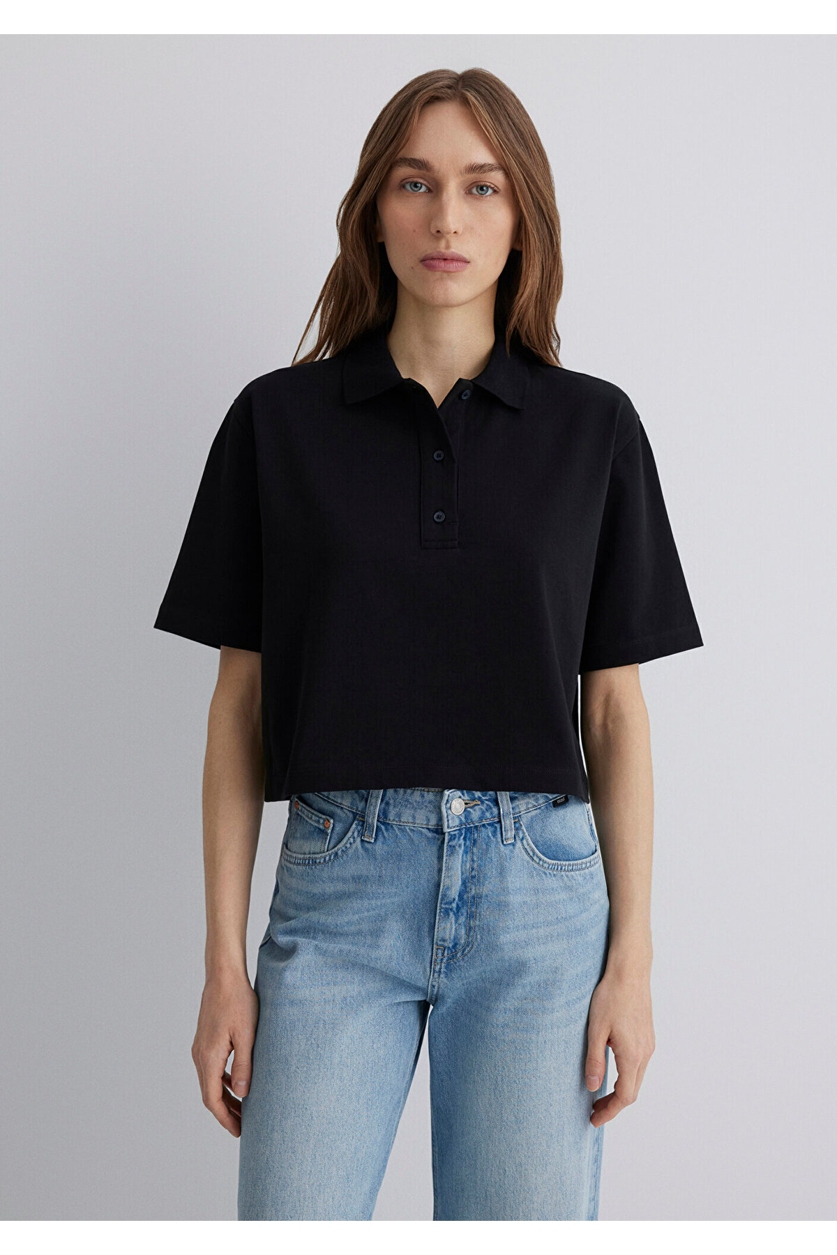 Siyah Polo Tişört Loose Fit / Bol Rahat Kesim 1613111-900