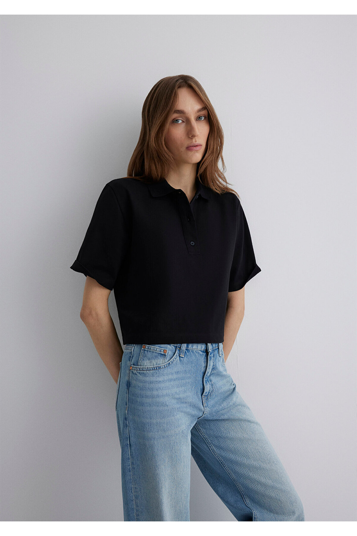 Siyah Polo Tişört Loose Fit / Bol Rahat Kesim 1613111-900