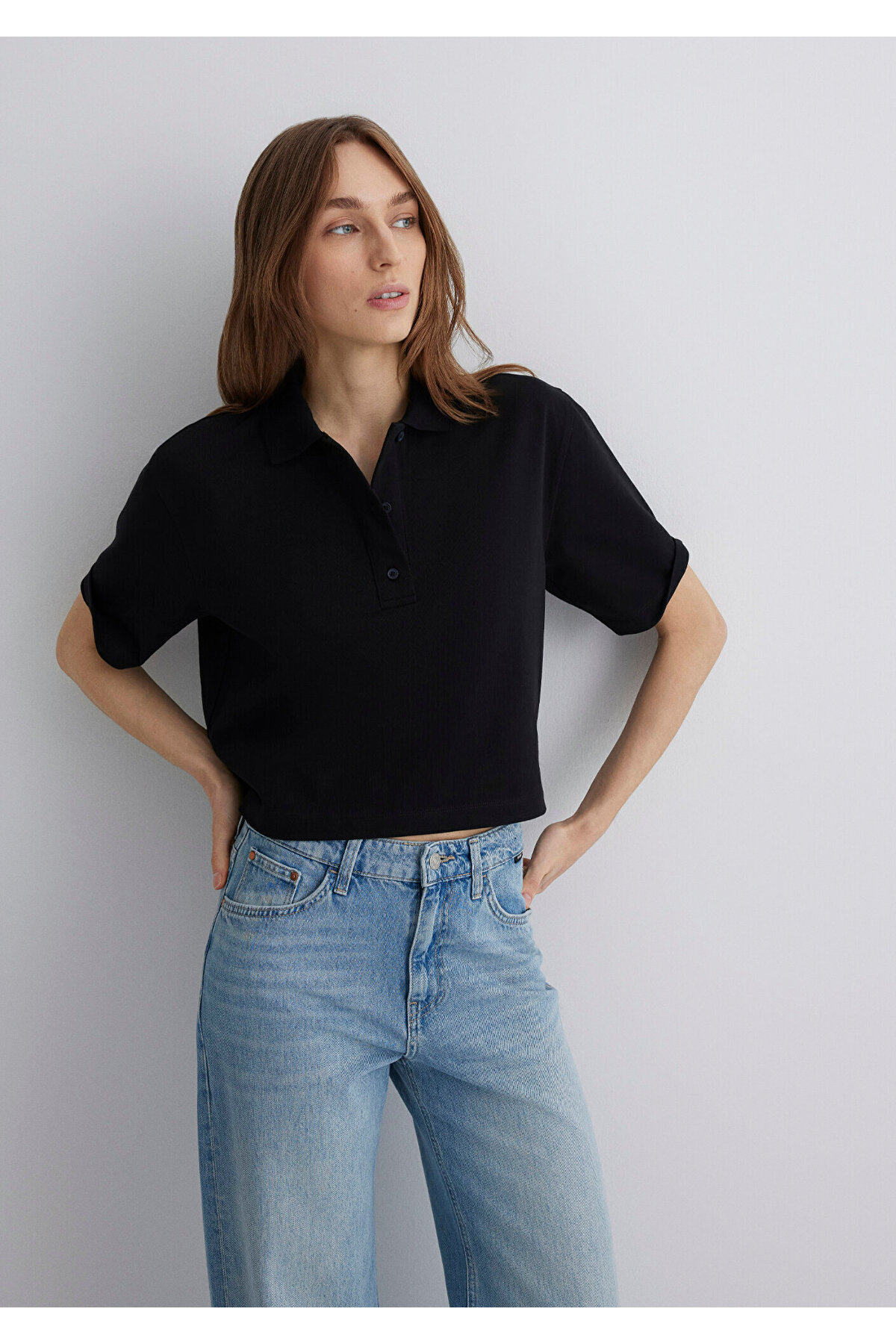 Siyah Polo Tişört Loose Fit / Bol Rahat Kesim 1613111-900