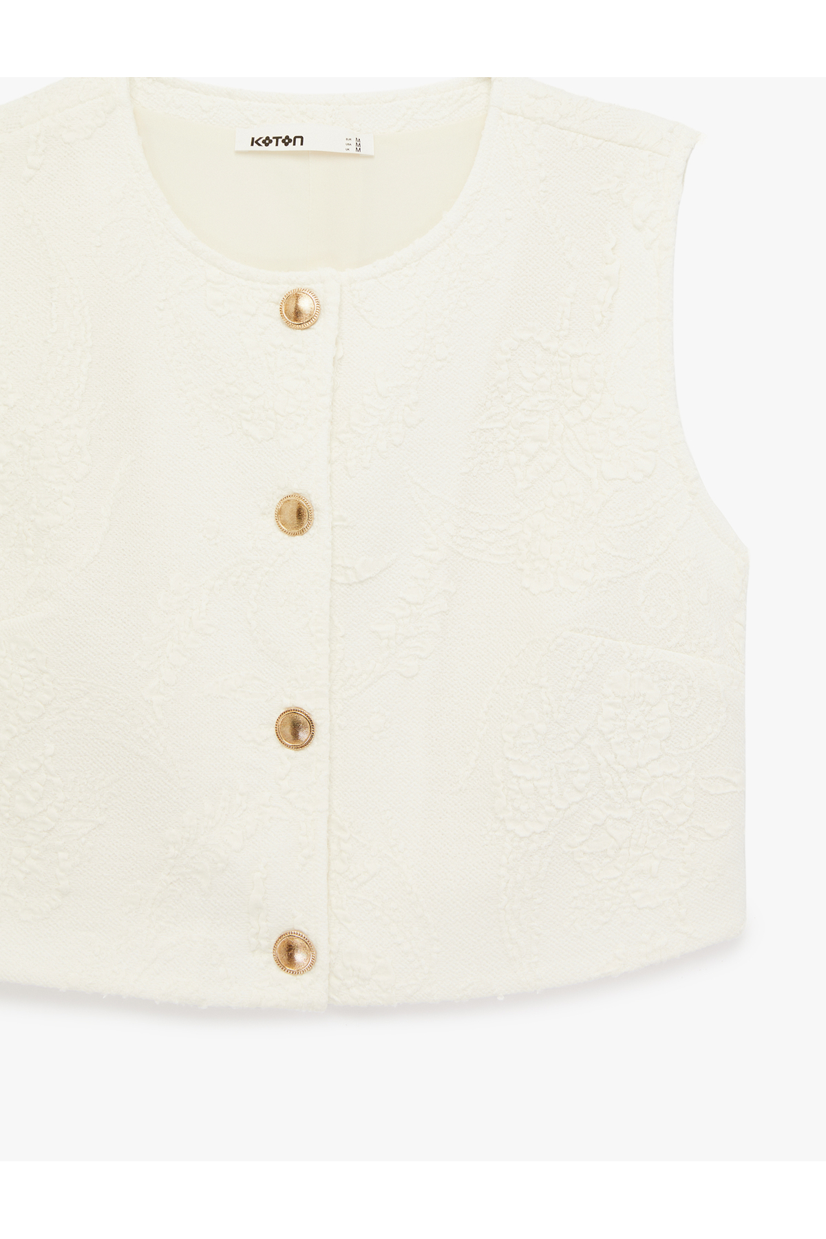 Slim Fit Bisiklet Yaka Gold Düğmeli Floral Dokulu Yelek