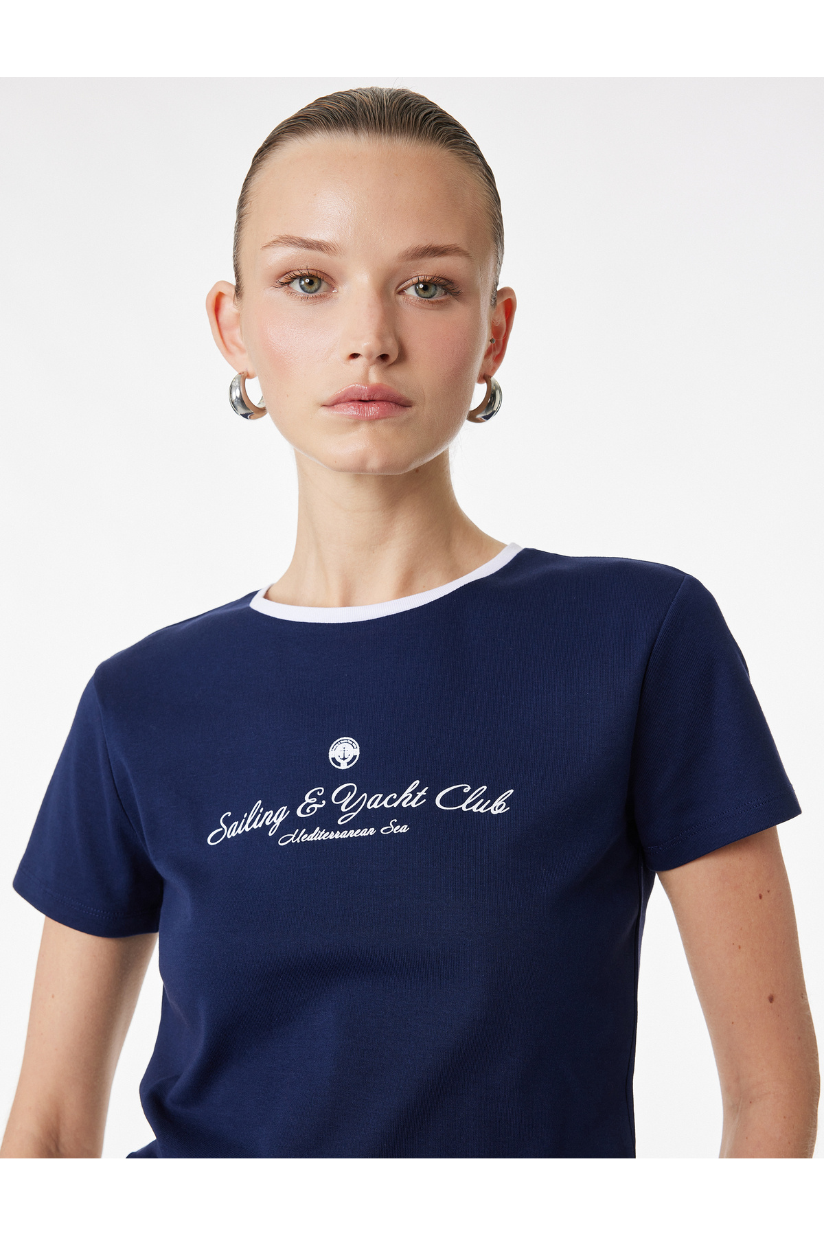 Slim Fit Bisiklet Yaka Kısa Kollu Pamuklu Baskılı Tişört