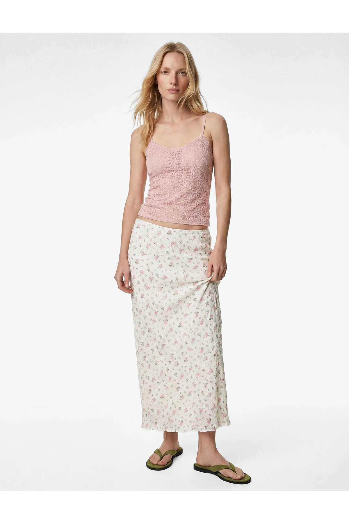 Slim Fit Çiçekli Midi Dantel Beyaz Kadın Etek 6SAK10027UK