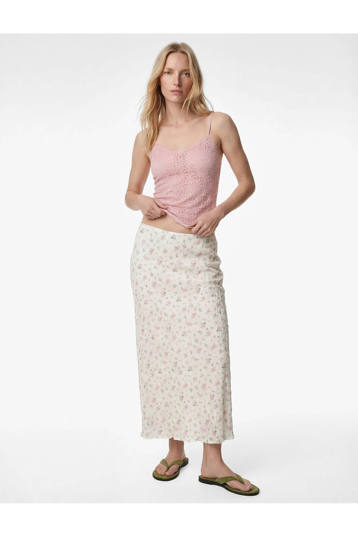 Slim Fit Çiçekli Midi Dantel Beyaz Kadın Etek 6SAK10027UK