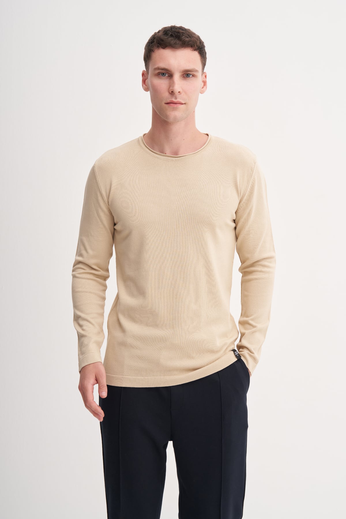 Slim Fit Cotonel Pamuk Karışımlı Vintage Bisiklet Yaka Kazak-30290