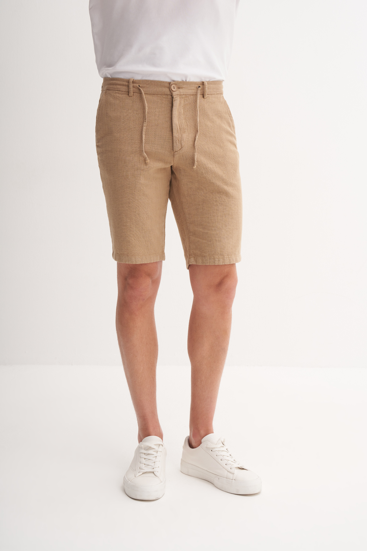 Slim Fit Dar Paça Keten Bermuda Şort