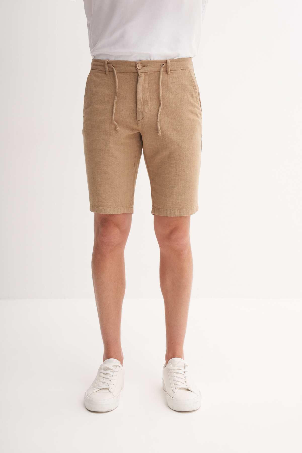 Slim Fit Dar Paça Keten Bermuda Şort