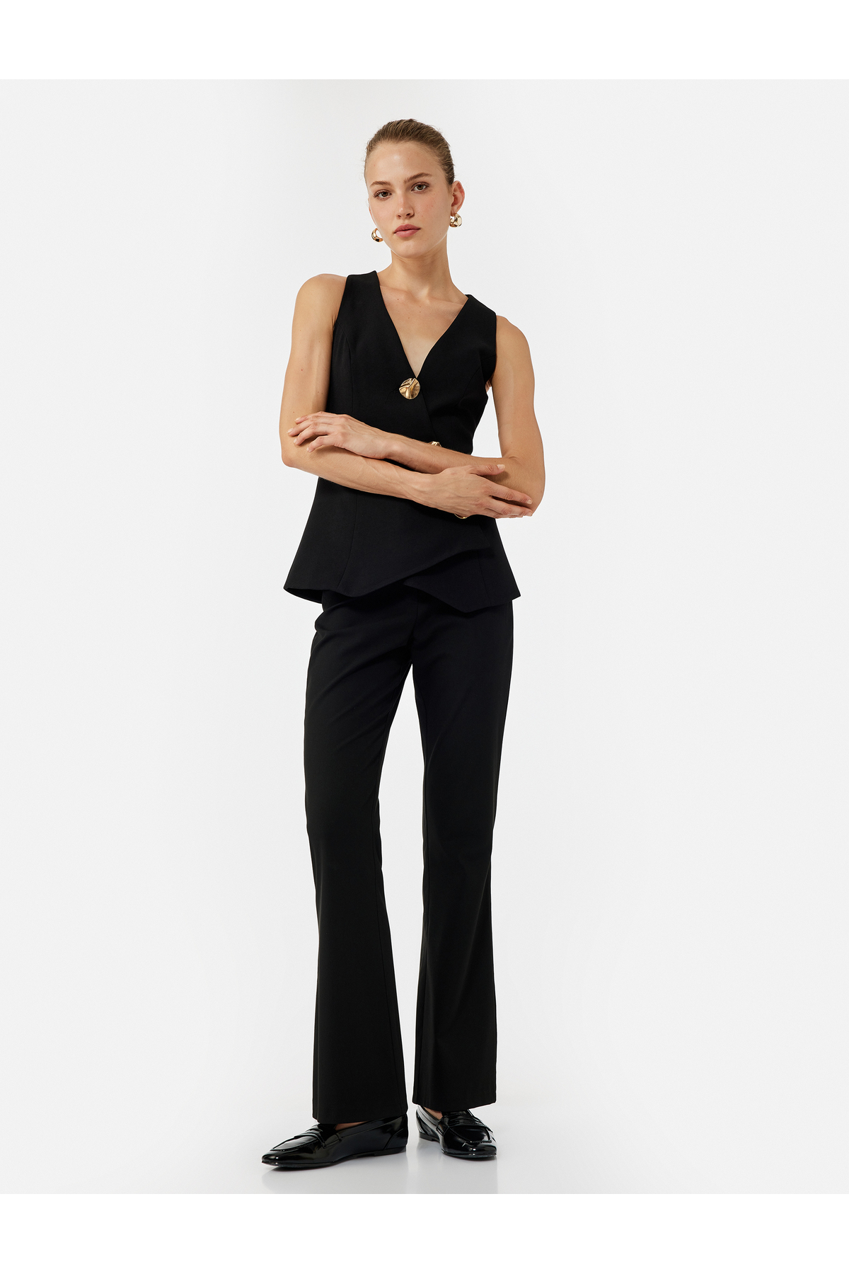 Slim Fit Düğmeli İspanyol Paça Kumaş Pantolon