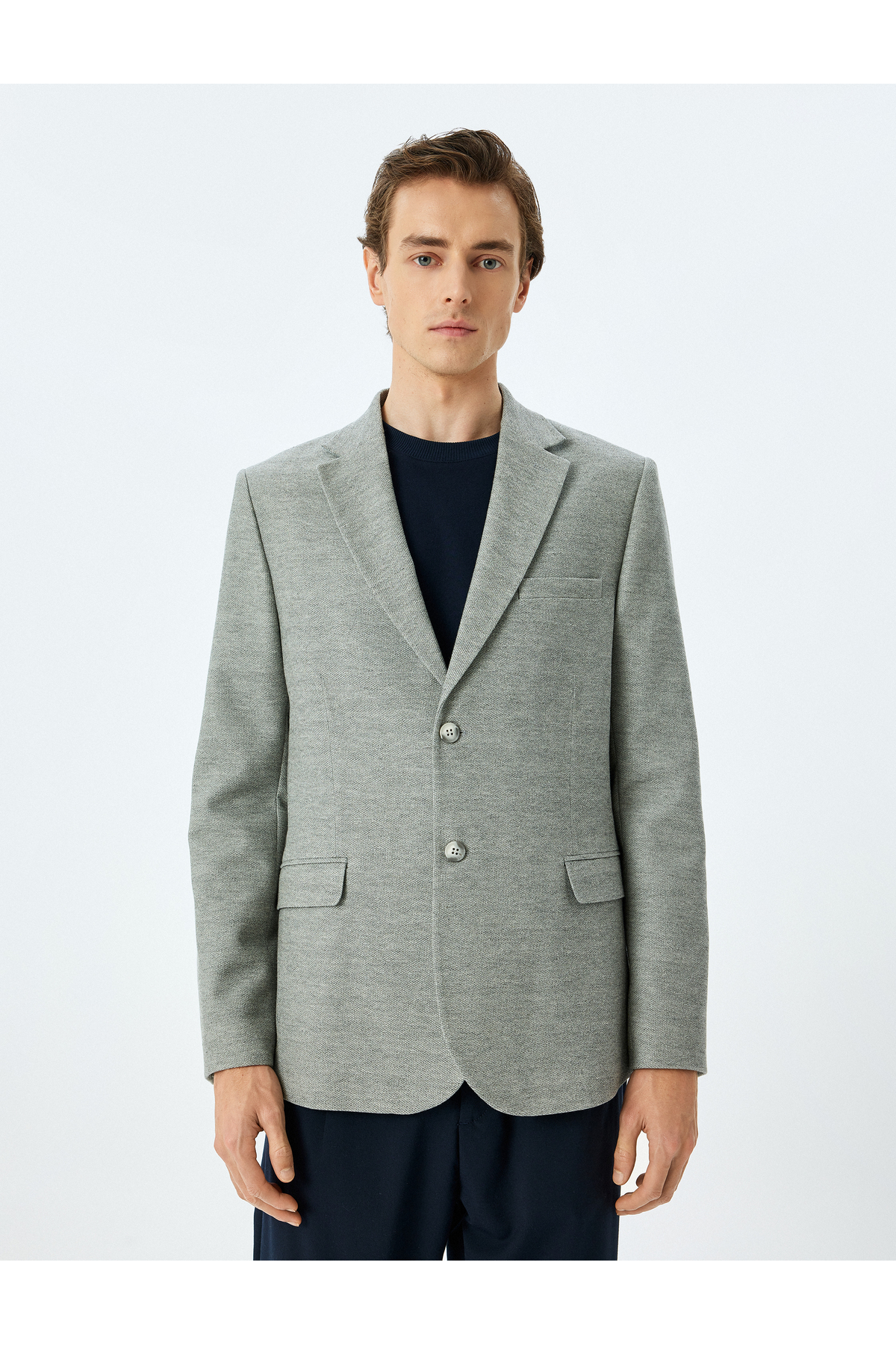Slim Fit Düğmeli Pamuk Karışımlı Mono Yaka Klasik Blazer Ceket