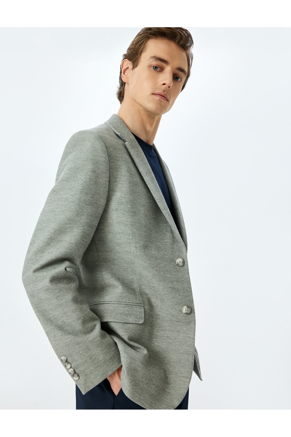 Slim Fit Düğmeli Pamuk Karışımlı Mono Yaka Klasik Blazer Ceket