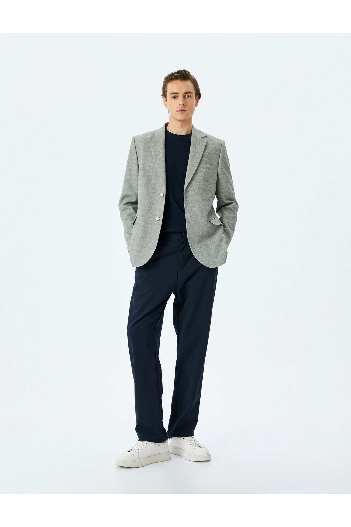 Slim Fit Düğmeli Pamuk Karışımlı Mono Yaka Klasik Blazer Ceket