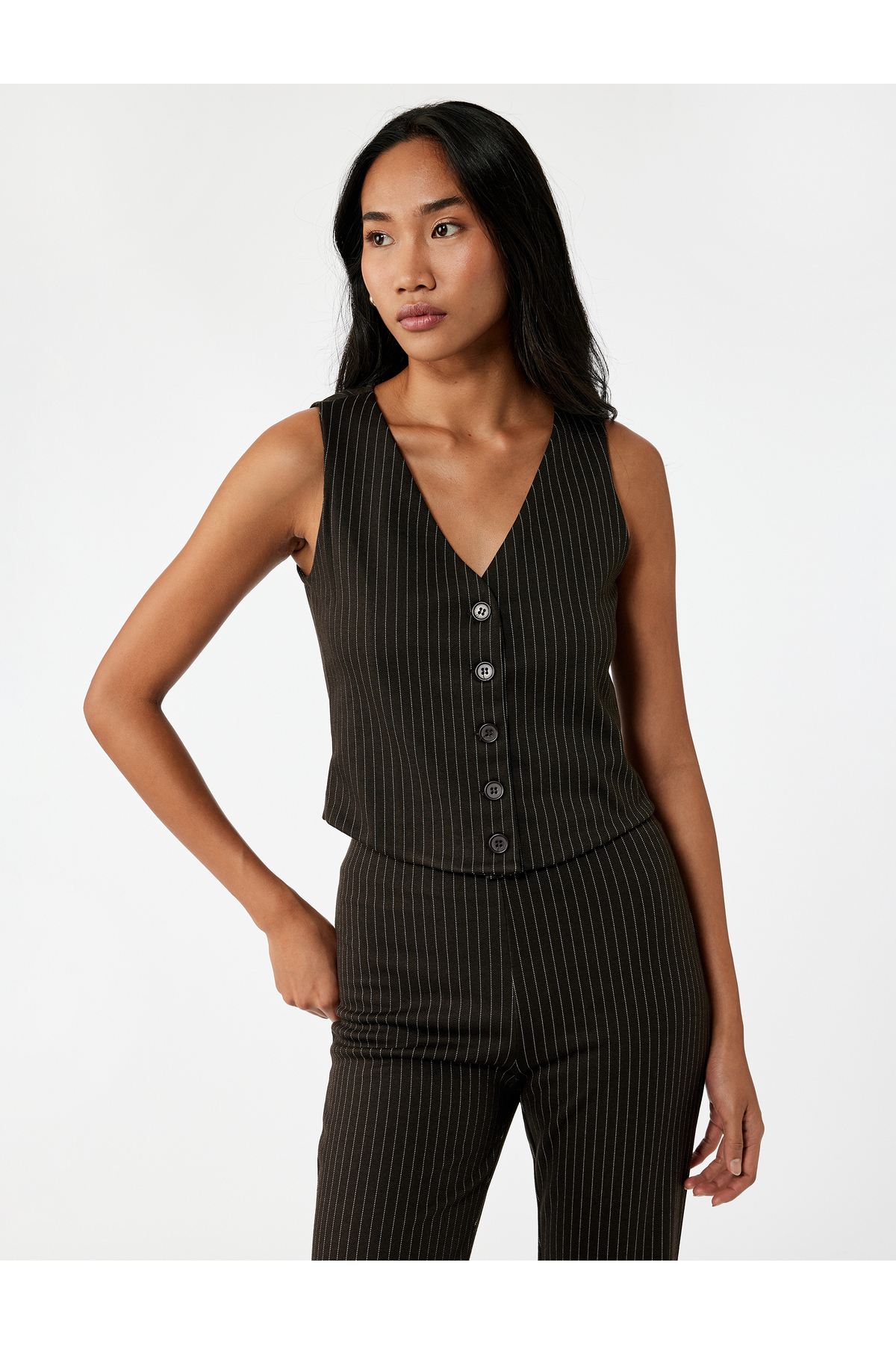 Slim Fit Düğmeli V Yaka Parıltılı Çizgili Yelek