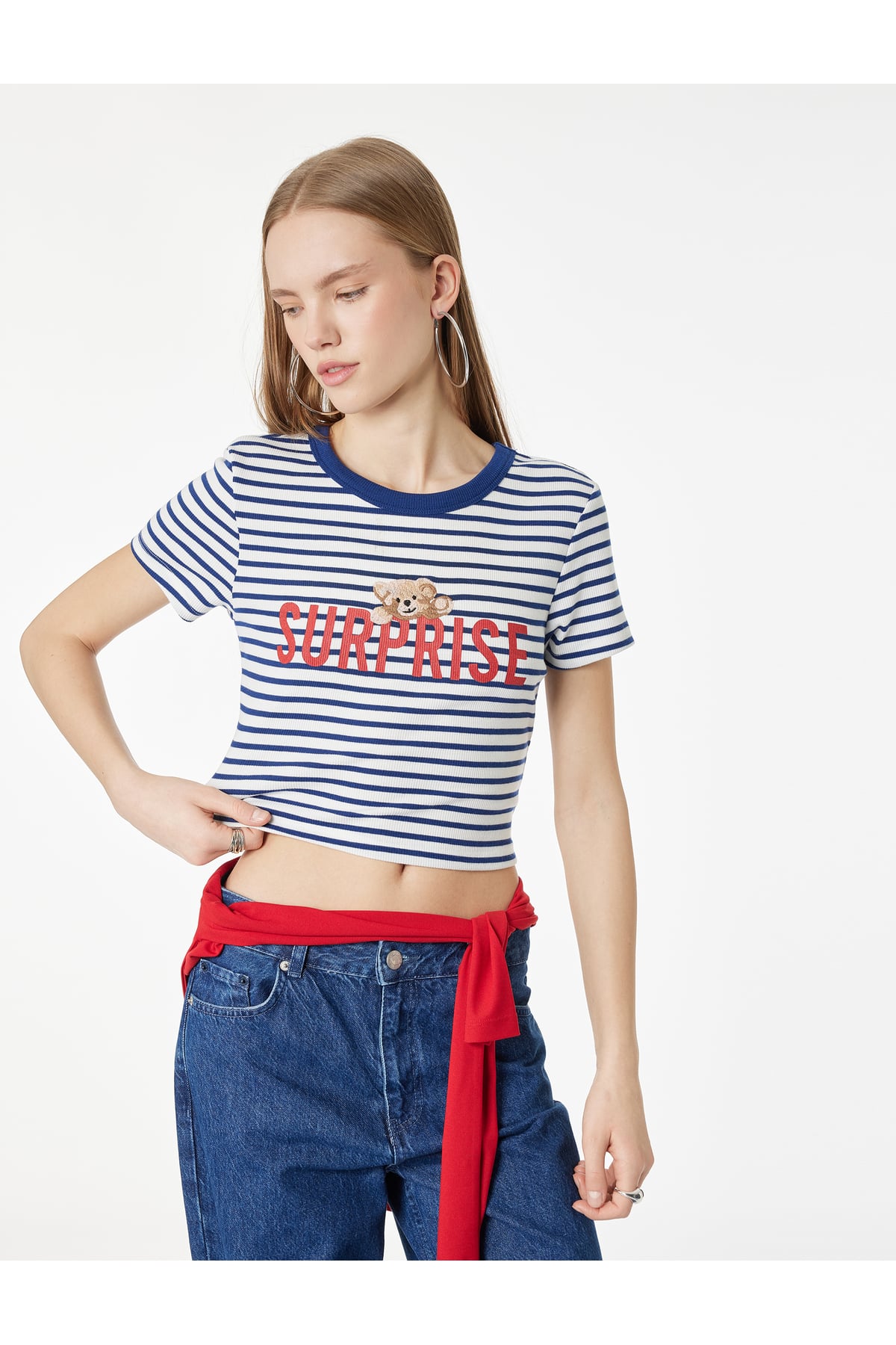 Slim Fit Kısa Kollu Bisiklet Yaka Ayıcık Baskılı Tişört