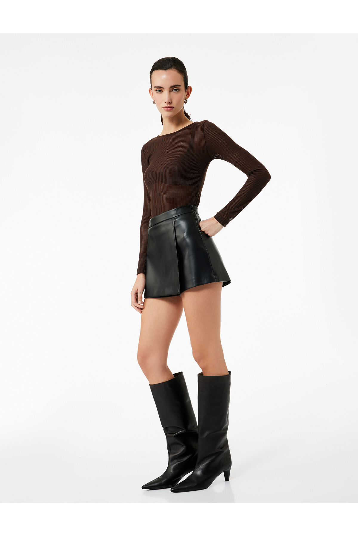 Slim Fit Suni Deri Mini Şort Etek