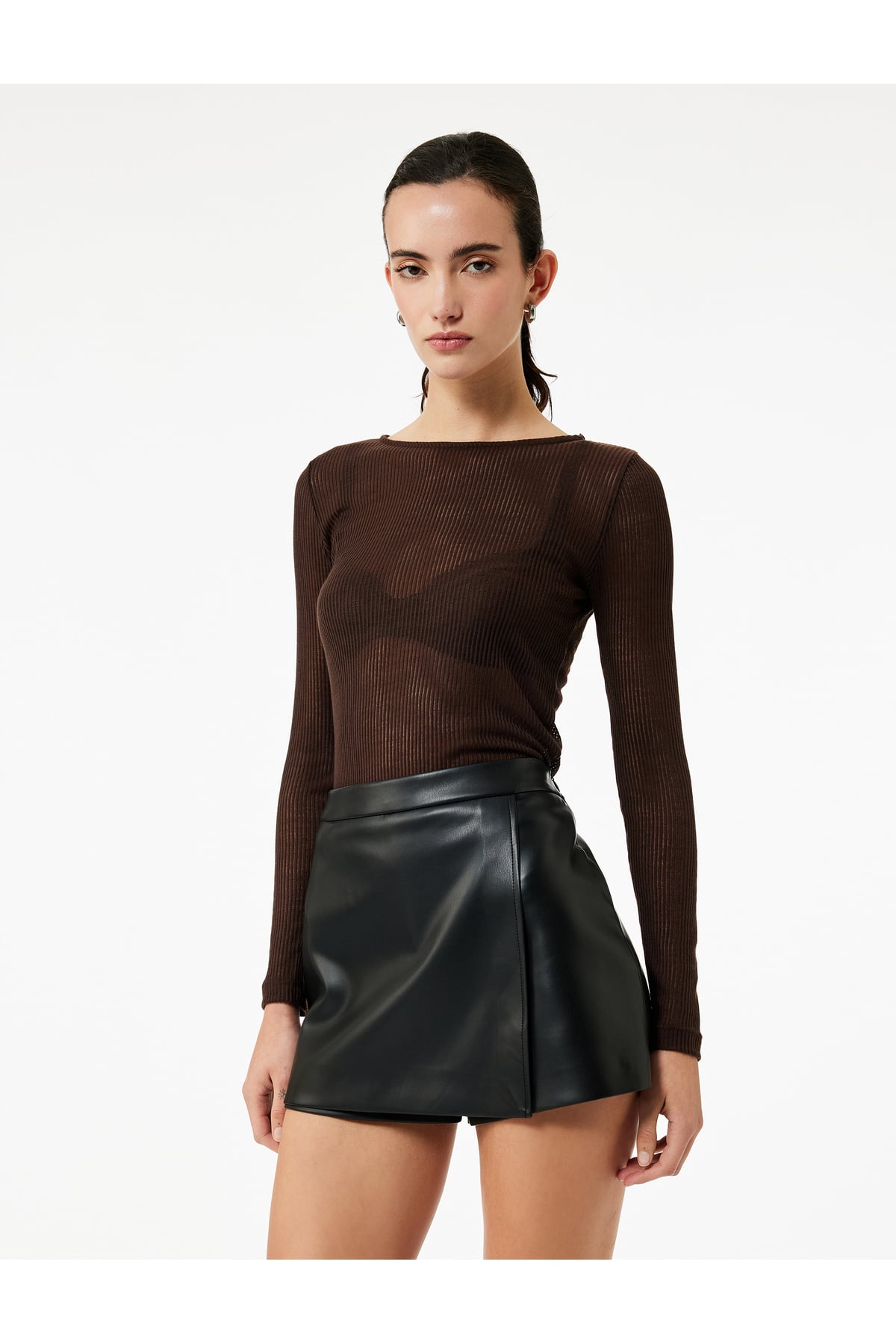 Slim Fit Suni Deri Mini Şort Etek