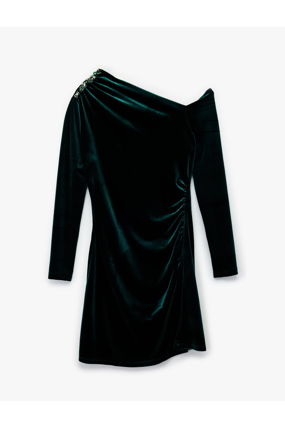Slim Fit Uzun Kollu Asimetrik Yaka Taşlı Mini Kadife Elbise