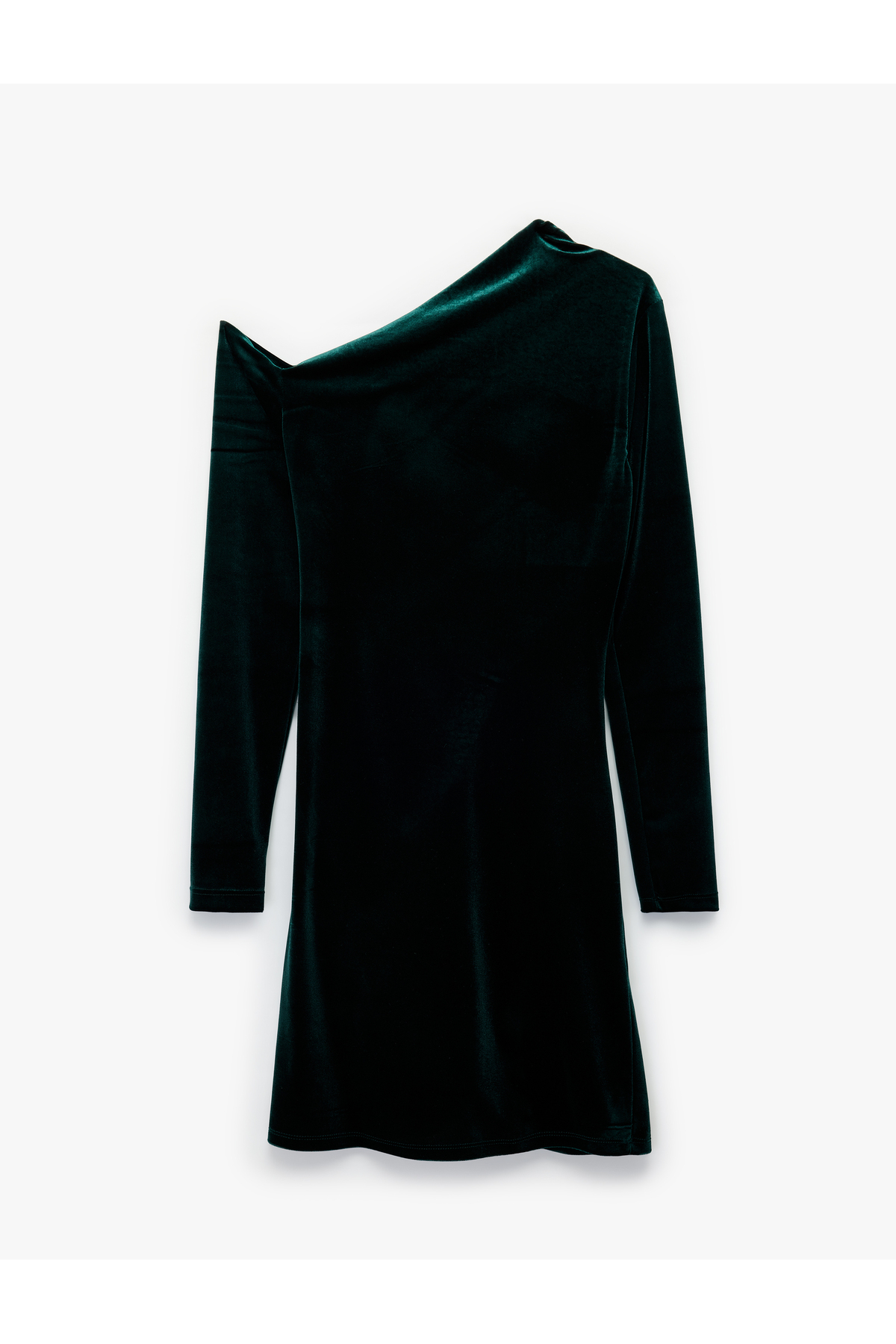 Slim Fit Uzun Kollu Asimetrik Yaka Taşlı Mini Kadife Elbise