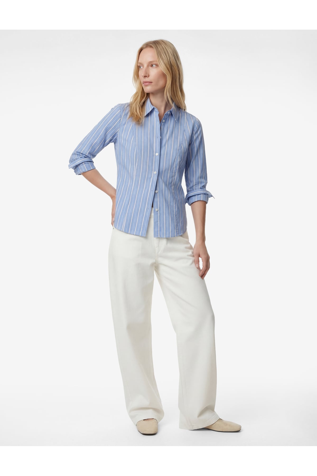 Slim Fit Uzun Kollu Klasik Yaka Çizgili Poplin Gömlek