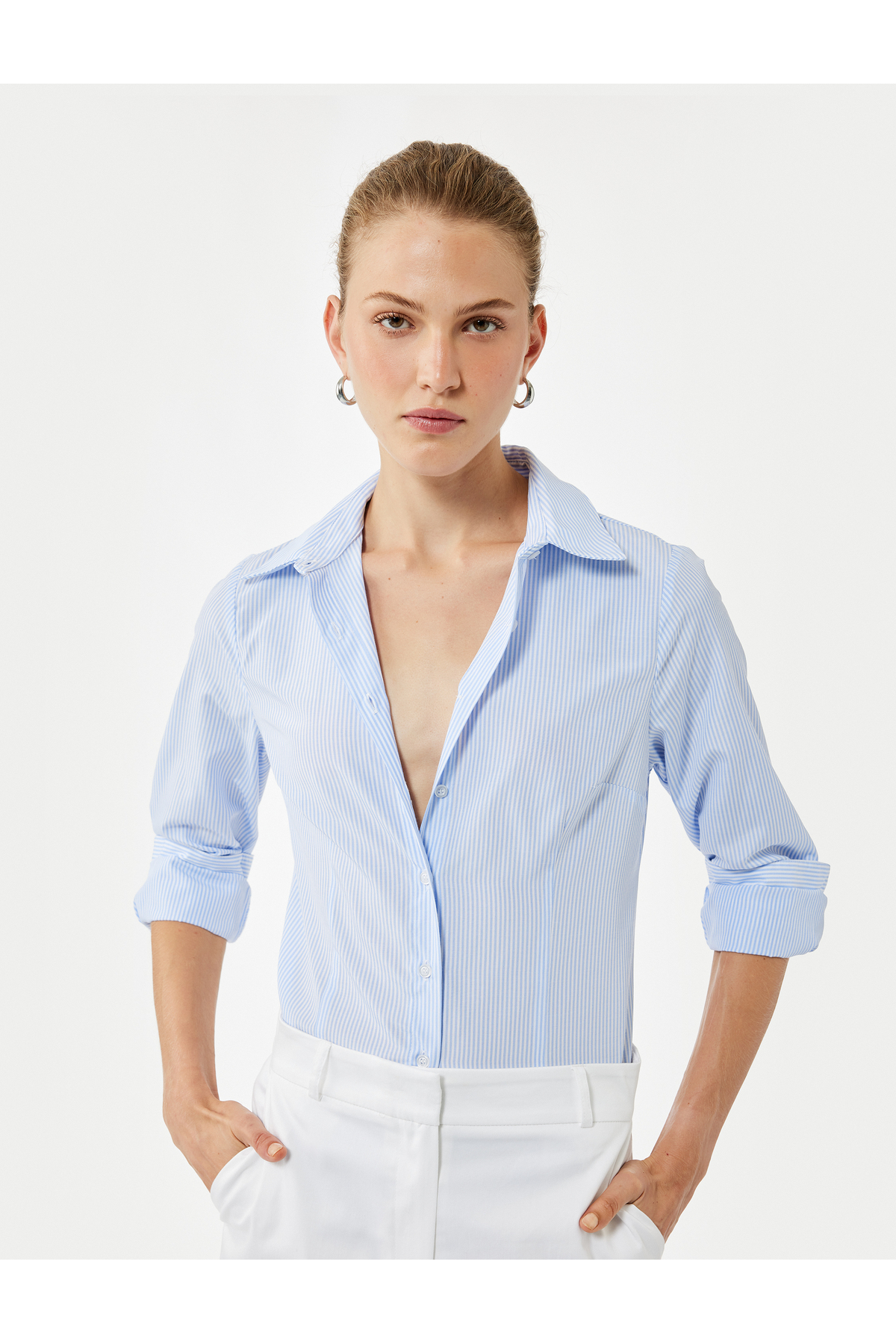 Slim Fit Uzun Kollu Klasik Yaka Çizgili Gömlek