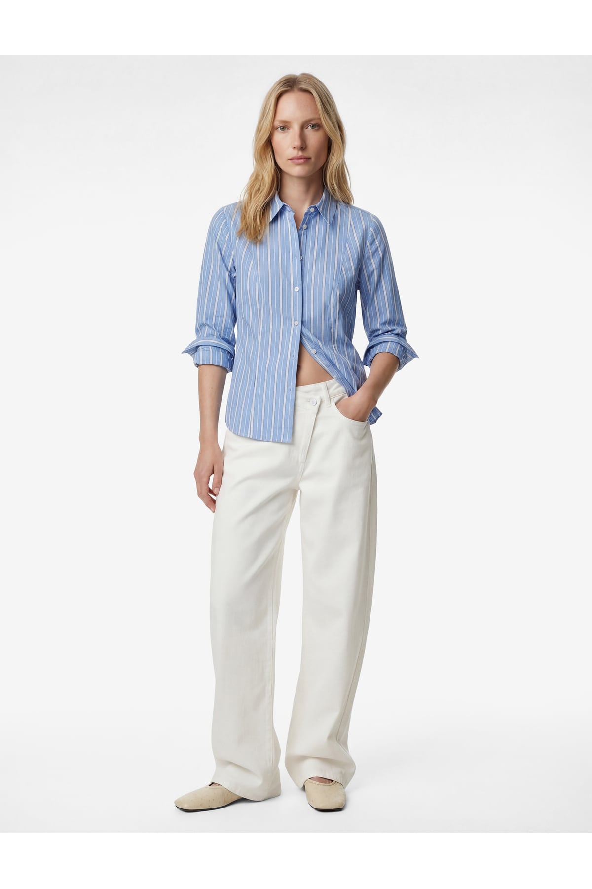Slim Fit Uzun Kollu Klasik Yaka Çizgili Poplin Gömlek