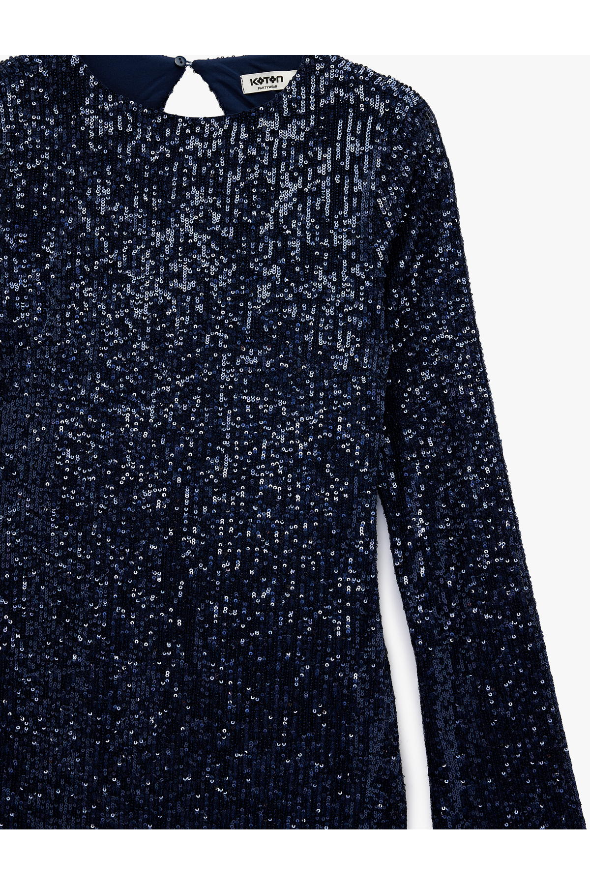 Slim Fit Uzun Kollu Yuvarlak Yaka Sırt Dekolteli Pullu Payetli Mini Elbise