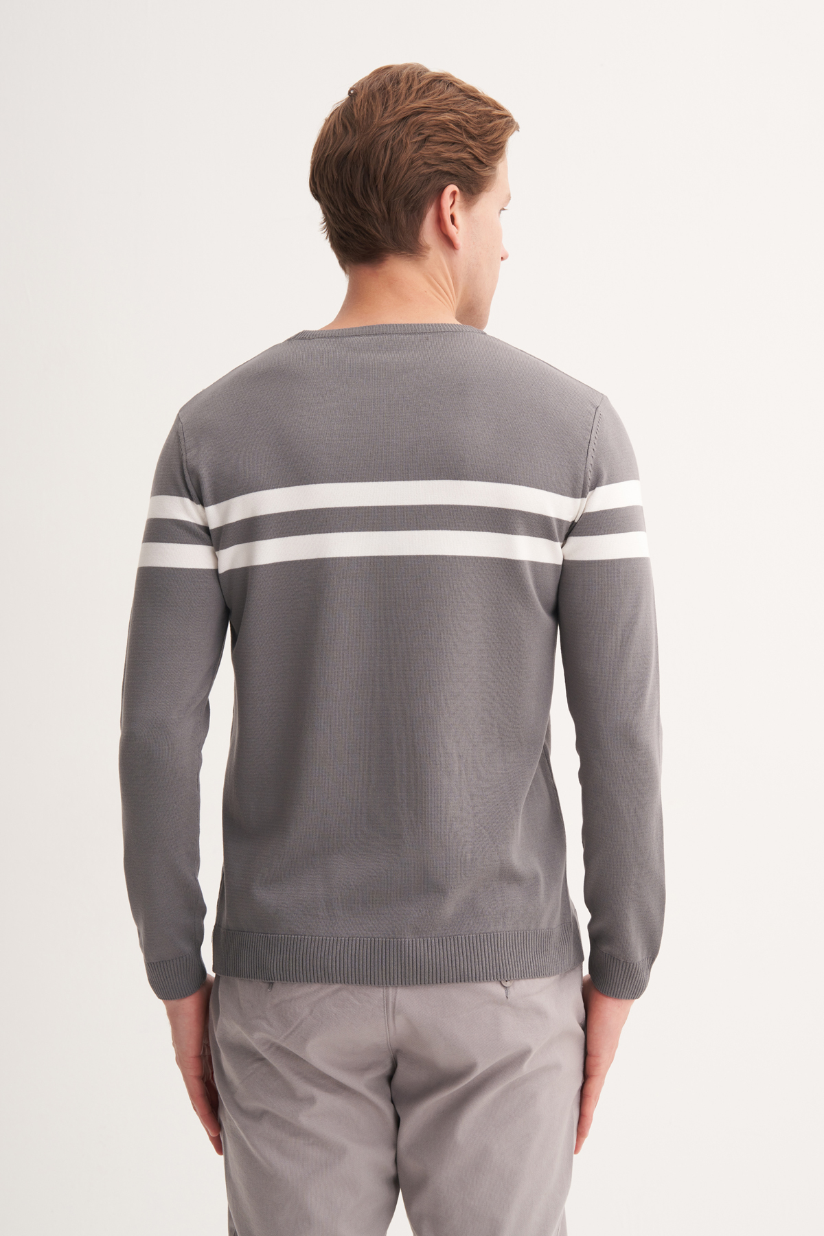 Slim Fit Viskon Kumaş Basic İki Çizgili Bisiklet Yaka Kazak