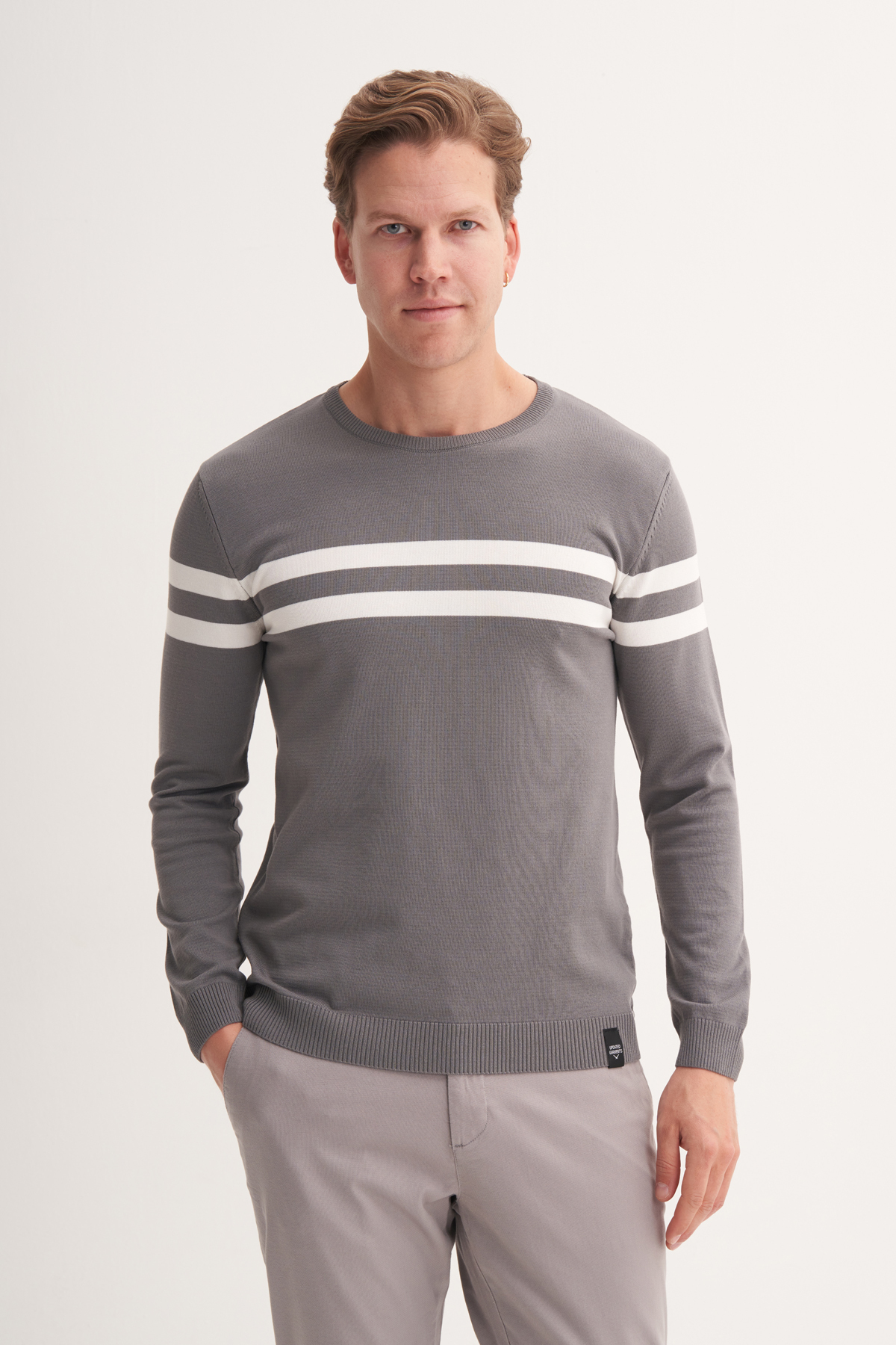 Slim Fit Viskon Kumaş Basic İki Çizgili Bisiklet Yaka Kazak