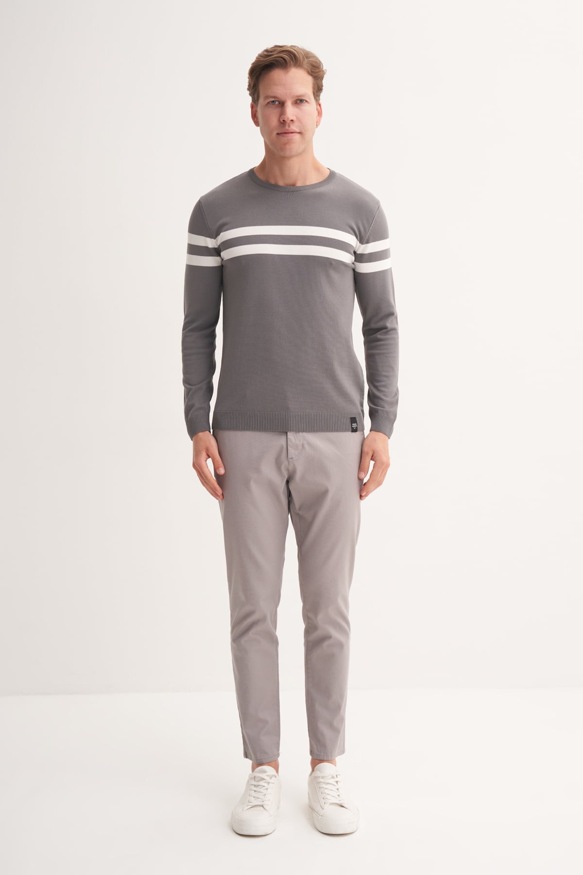 Slim Fit Viskon Kumaş Basic İki Çizgili Bisiklet Yaka Kazak