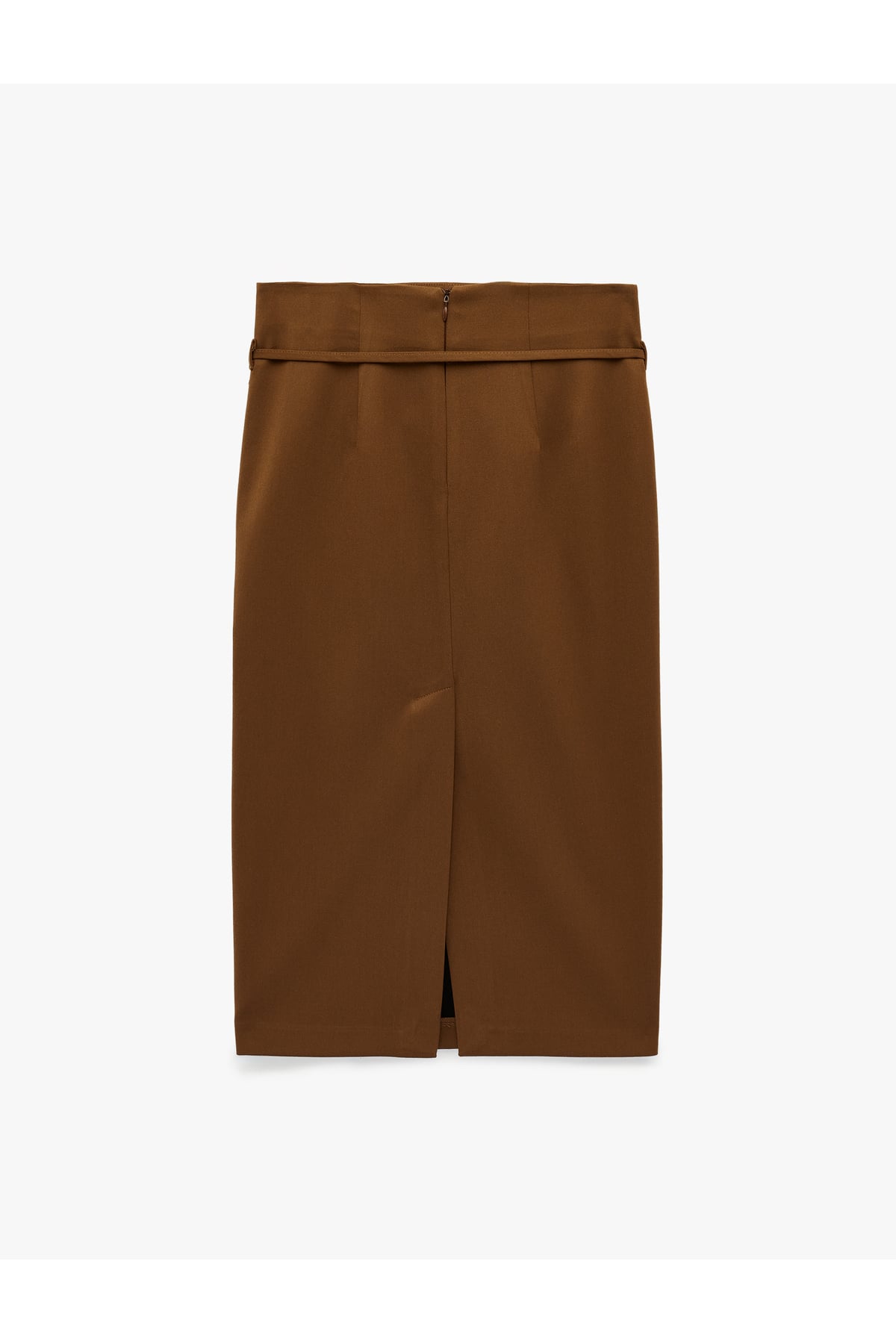 Slim Fit Yırtmaçlı Kemer Detaylı Midi Kalem Etek