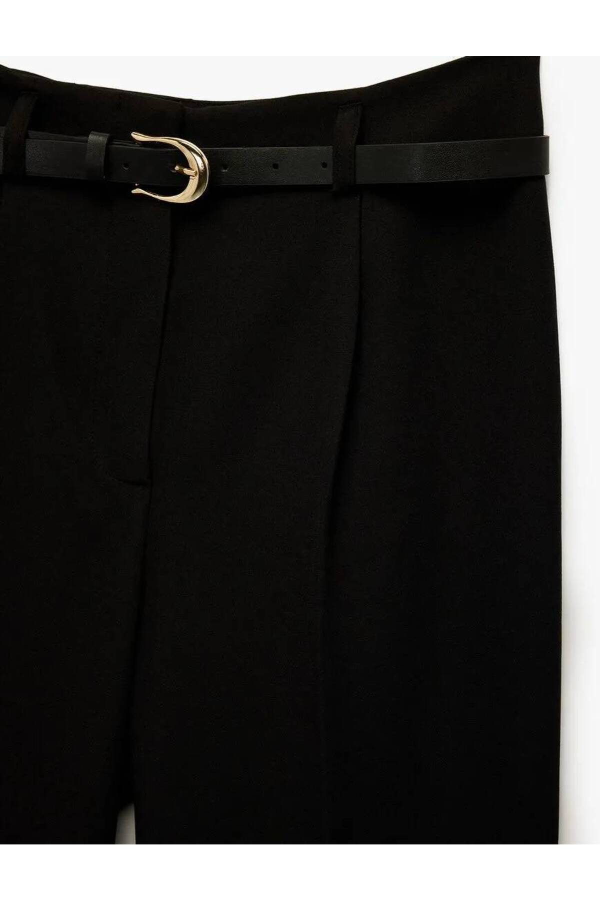 Slim Fit Yüksek Bel Kemerli Cigarette Kumaş Pantolon