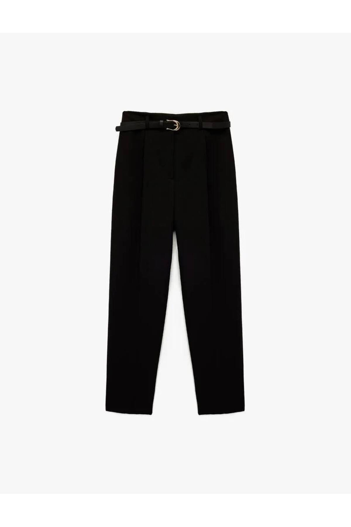 Slim Fit Yüksek Bel Kemerli Cigarette Kumaş Pantolon