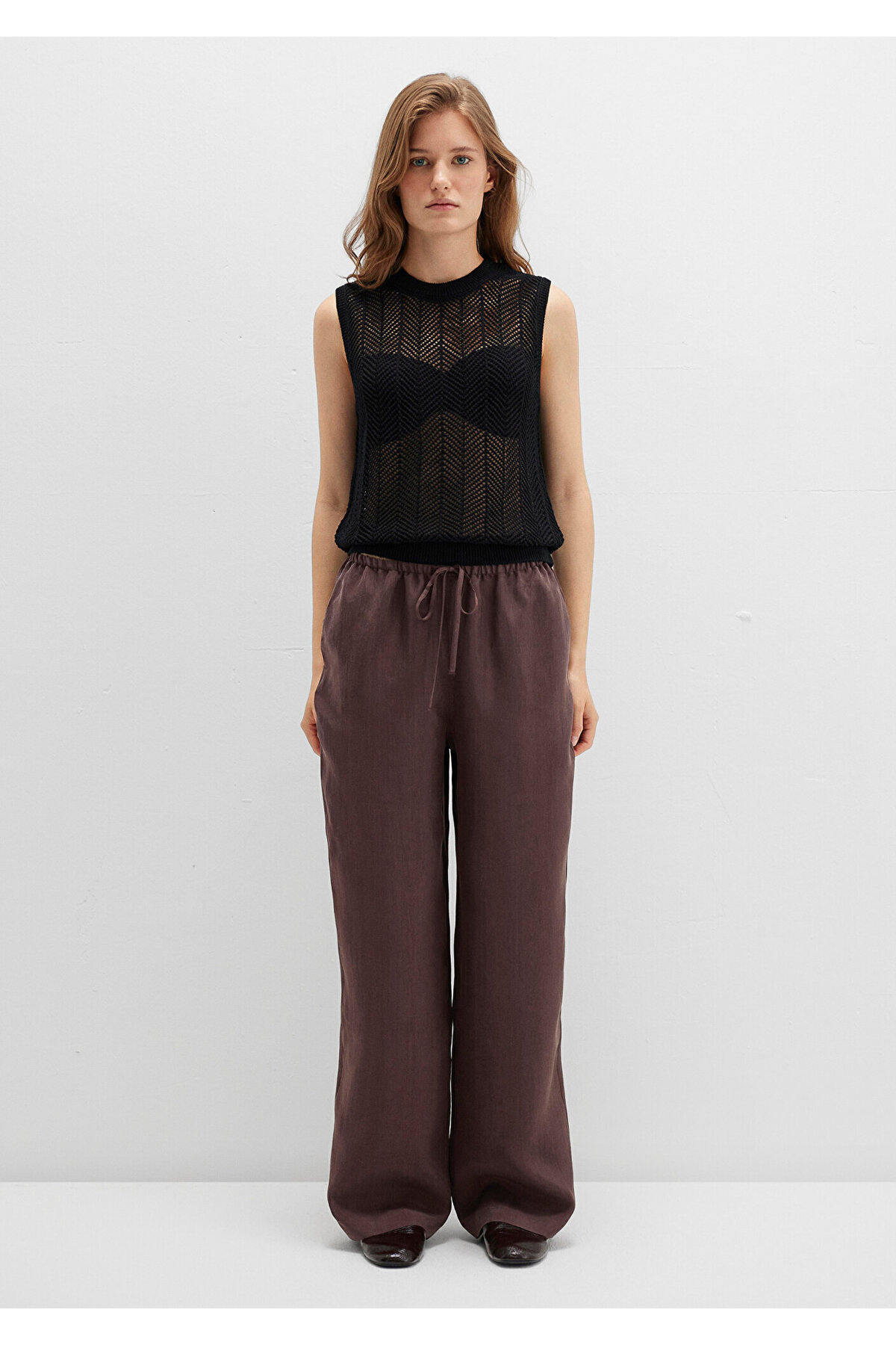Soft-Premium Beli Bağcıklı Kahverengi Liyosel Pantolon 1011023-70259