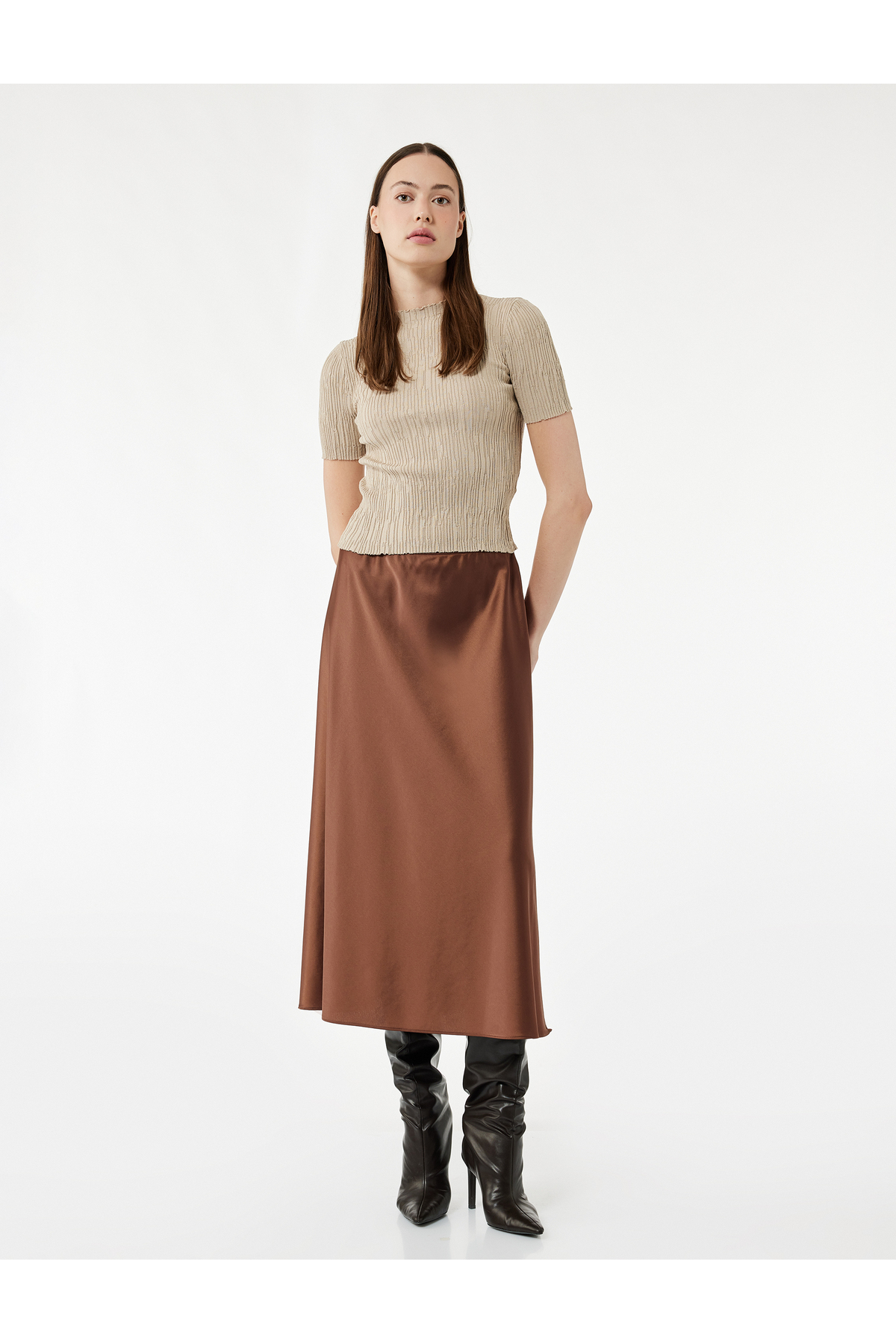 Standart Bel Regular Fit Saten Midi Etek