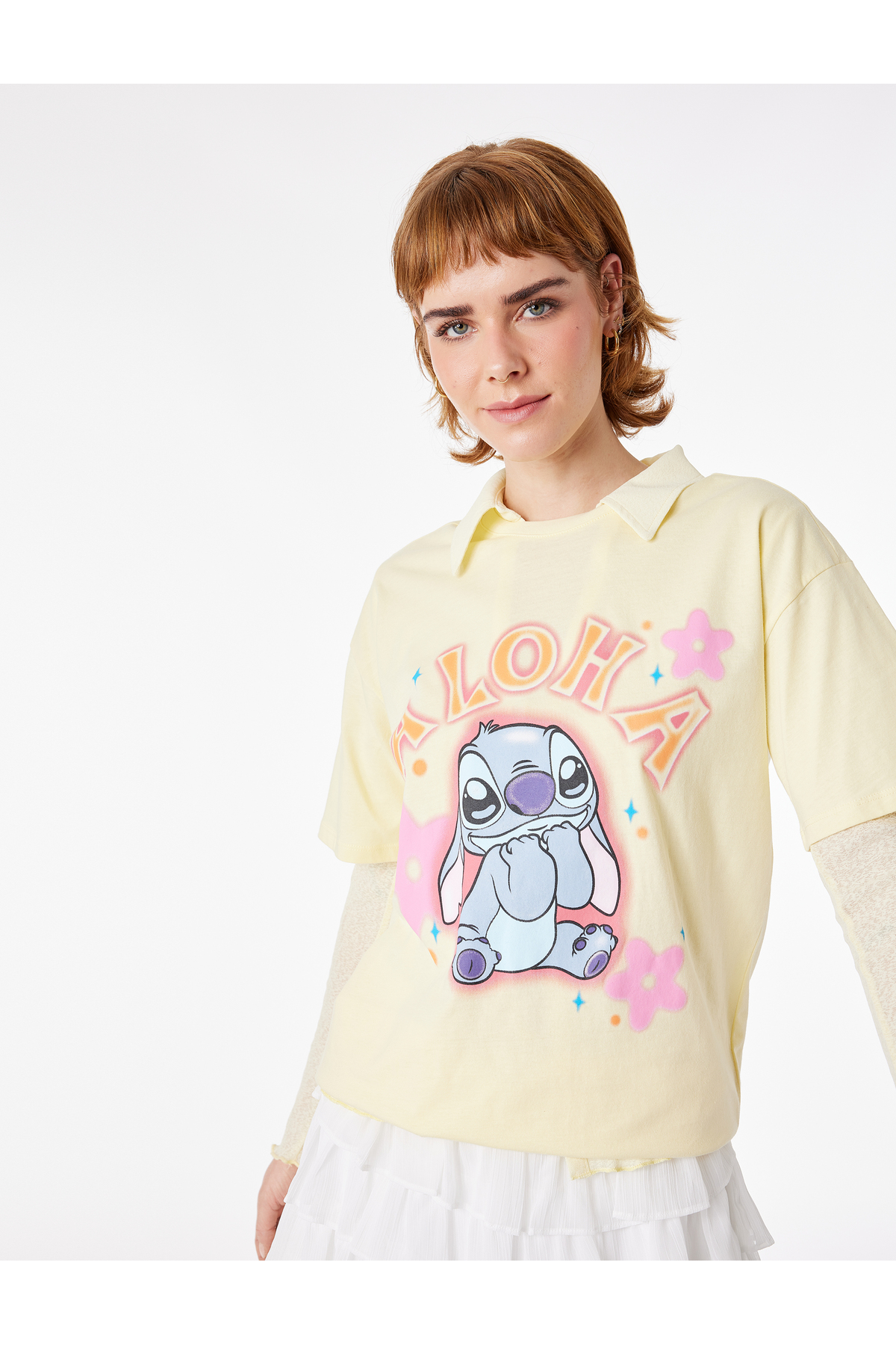 Stitch Lisanslı Kısa Kollu Bisiklet Yaka Baskılı Tişört