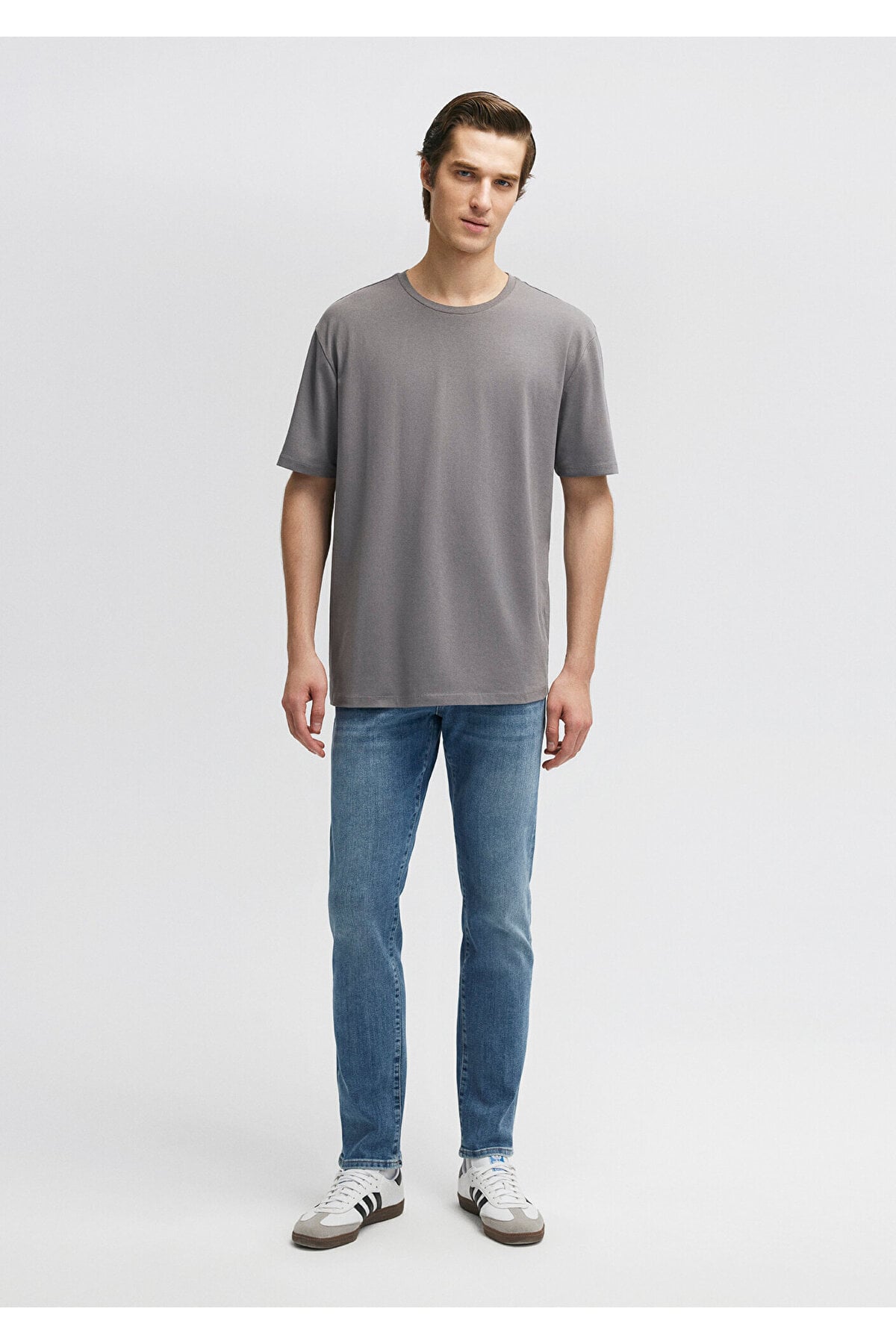 Stretch Gri Basic Tişört Loose Fit / Bol Rahat Kesim 0610136-80618
