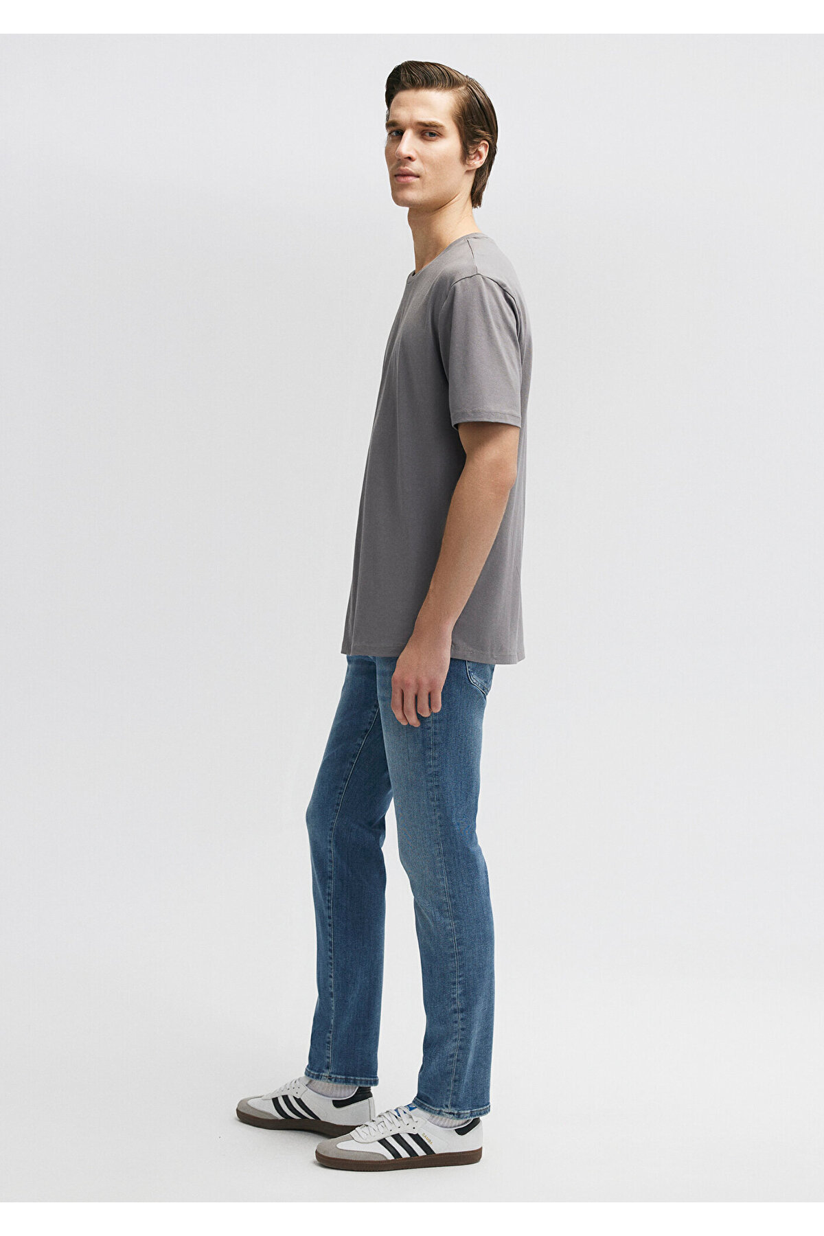Stretch Gri Basic Tişört Loose Fit / Bol Rahat Kesim 0610136-80618