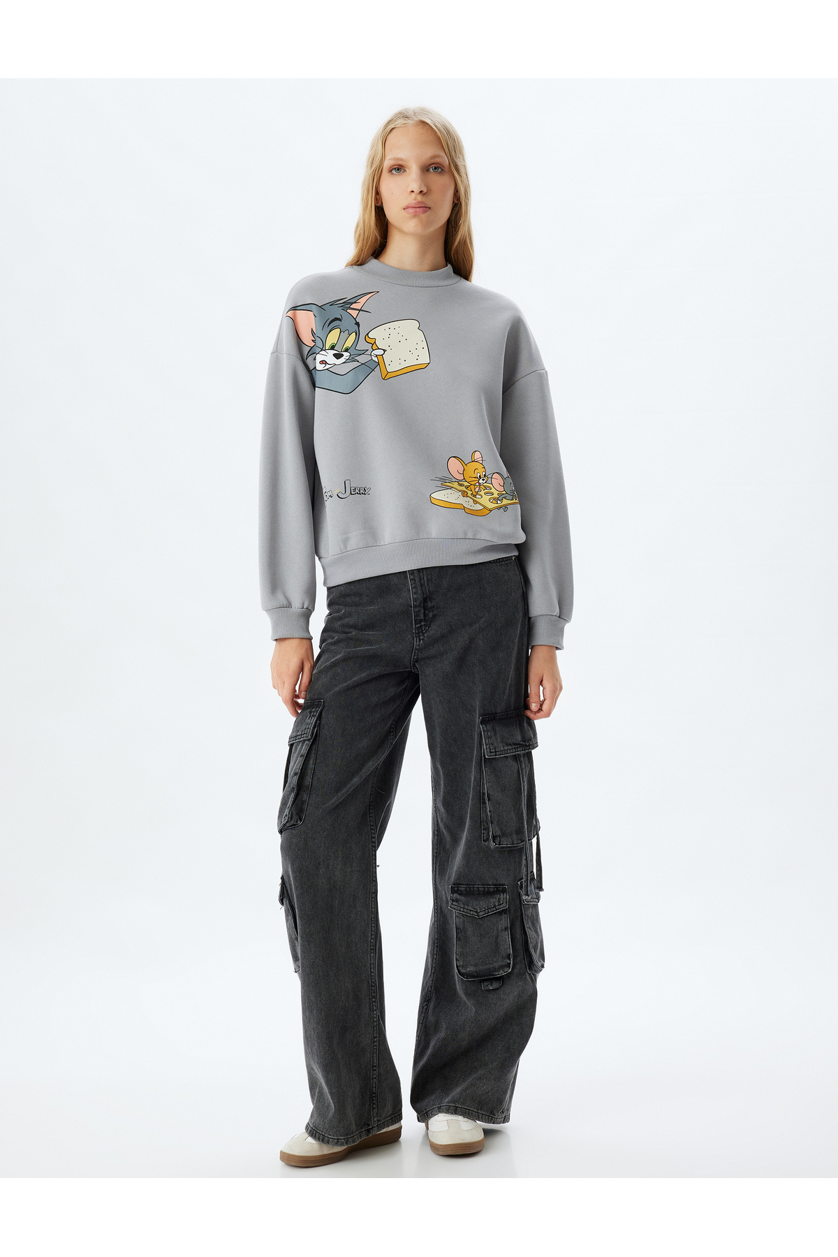 Tom ve Jerry Oversize Sweatshirt Dik Yaka Lisanslı Baskılı Şardonlu