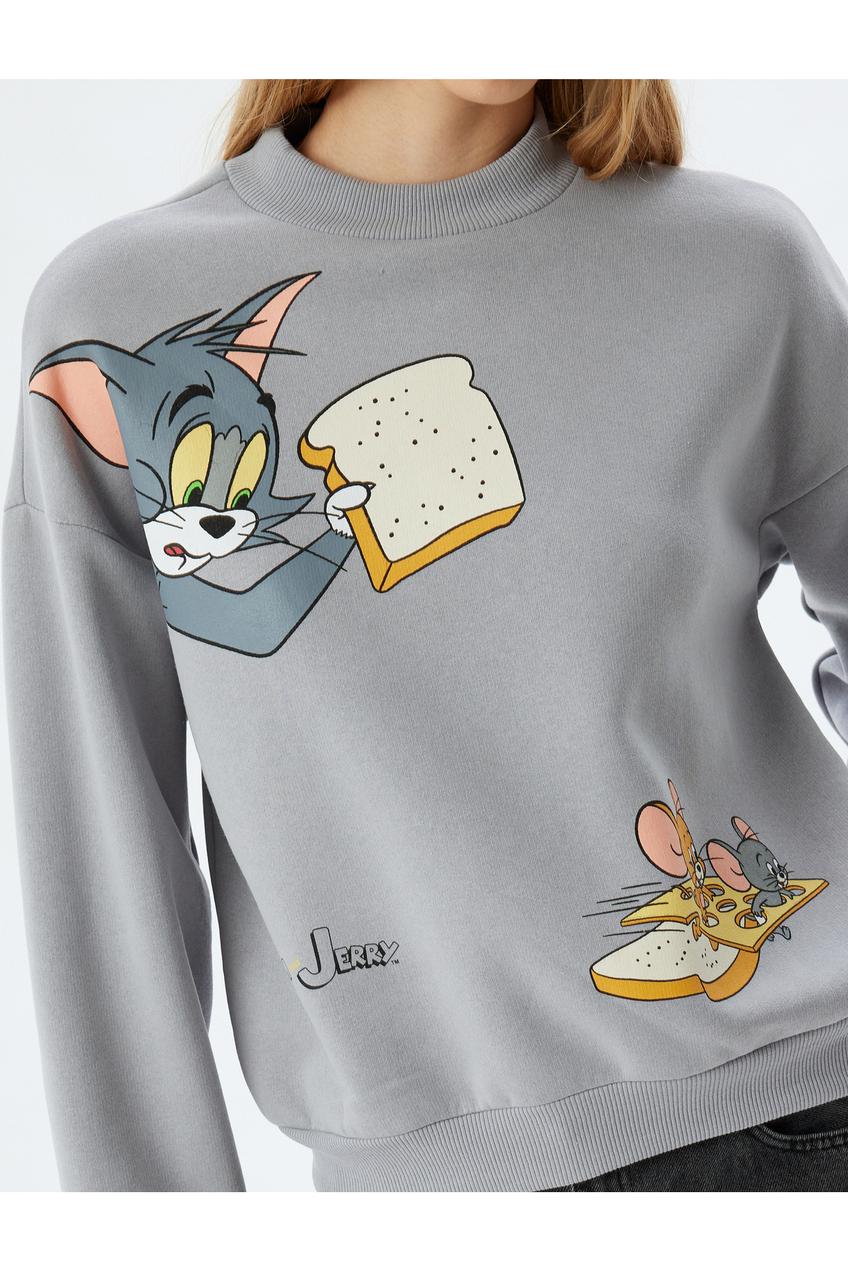 Tom ve Jerry Oversize Sweatshirt Dik Yaka Lisanslı Baskılı Şardonlu