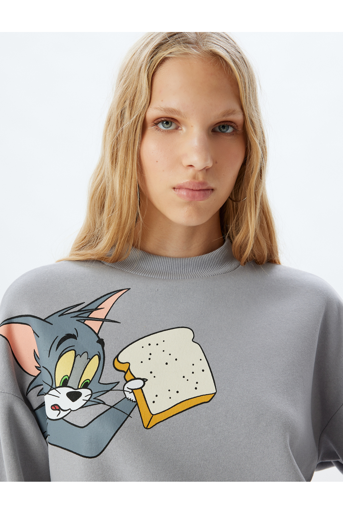 Tom ve Jerry Oversize Sweatshirt Dik Yaka Lisanslı Baskılı Şardonlu