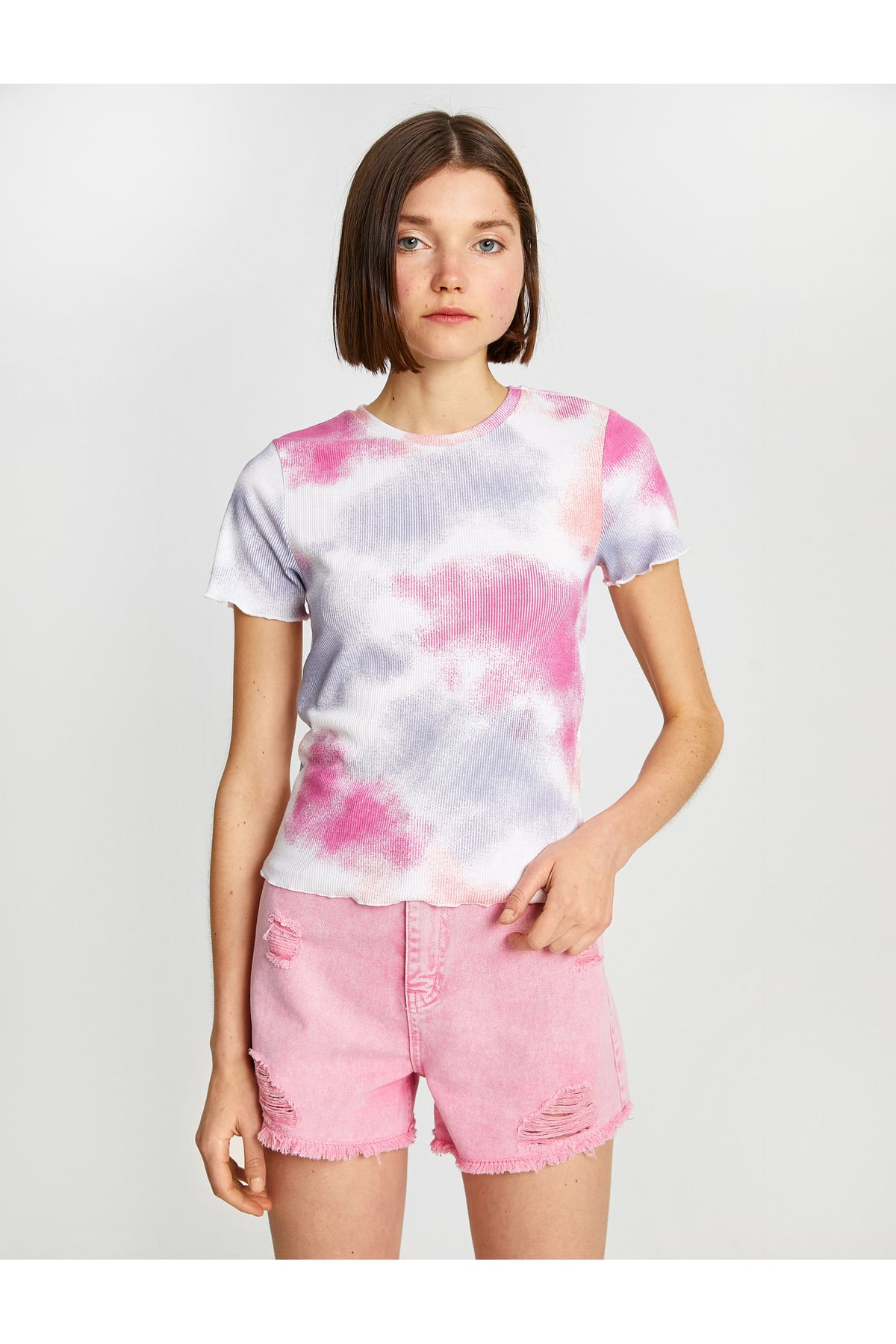 Tshirt Kısa Kollu Bisiklet Yaka Batik Desenli