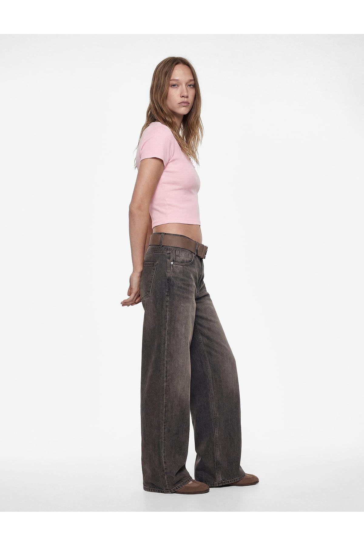 U Yaka Slim Fit Pamuklu Crop Pembe Kadın T-Shirt 6SAL10015IK